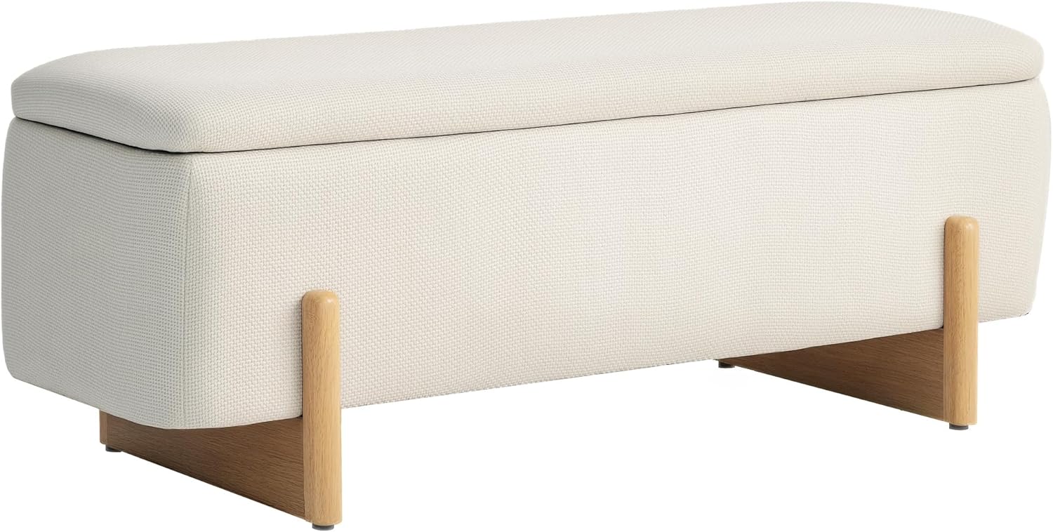 HOMCOM Sitzbank mit Stauraum, Polsterbank mit Leinenoptik, Sitztruhe mit Sicherheitsscharniere, Holzbeine Bettbank Truhenbank für Wohnzimmer, Schlafzimmer, Flur, 111 x 44 x 44,5 cm, Cremeweiß