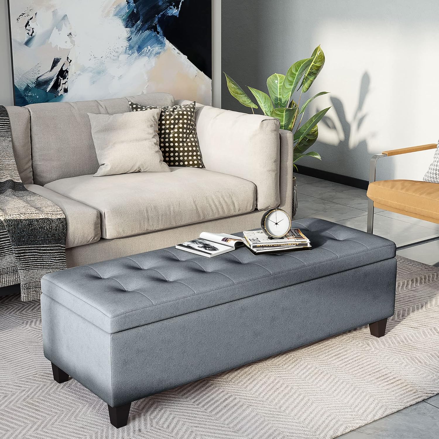 HOMCOM Sitzbank, Polsterbank mit Stauraum, Bettbank mit Deckel, Leinenoptik, Truhenbank, Aufbewahrungsbank für Wohnzimmer, Schlafzimmer, Grau, 125 x 49 x 41,5 cm — Ansicht 2