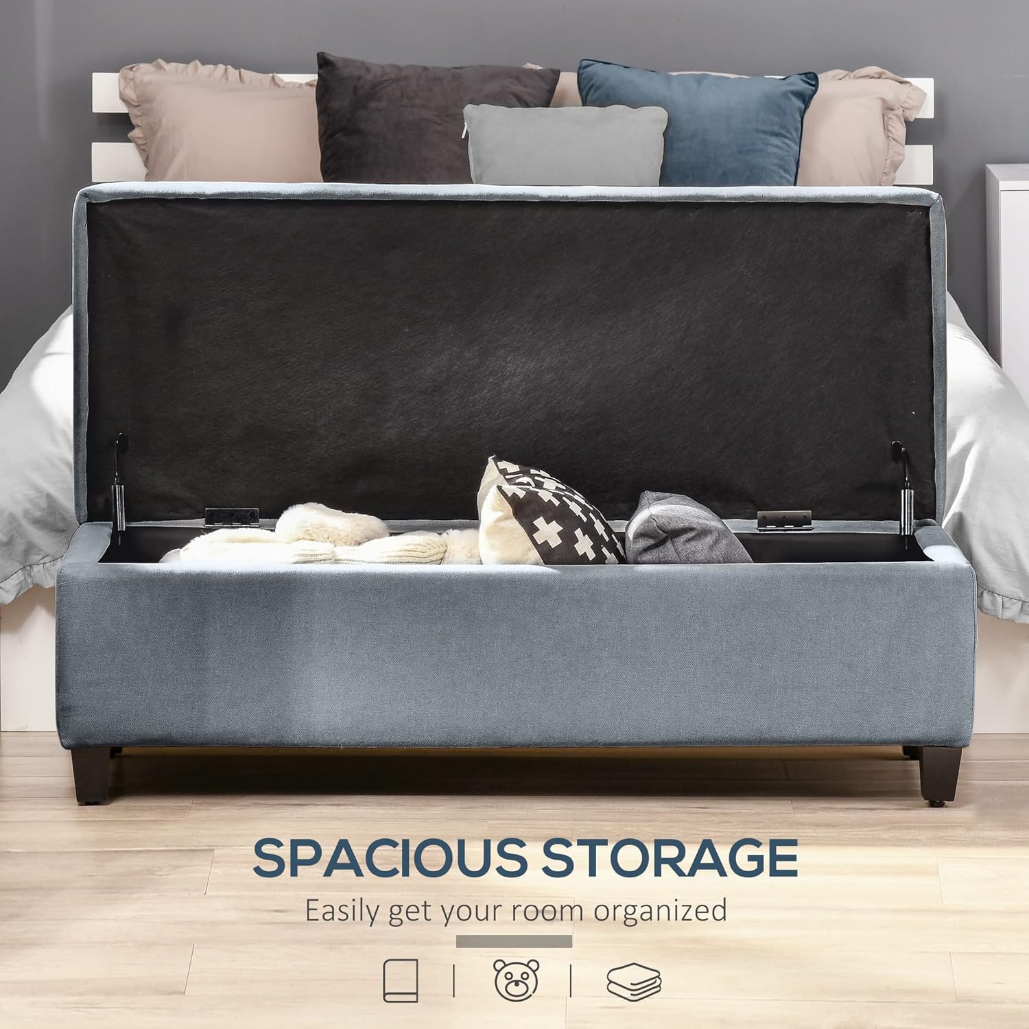 HOMCOM Sitzbank, Polsterbank mit Stauraum, Bettbank mit Deckel, Leinenoptik, Truhenbank, Aufbewahrungsbank für Wohnzimmer, Schlafzimmer, Grau, 125 x 49 x 41,5 cm — Ansicht 4
