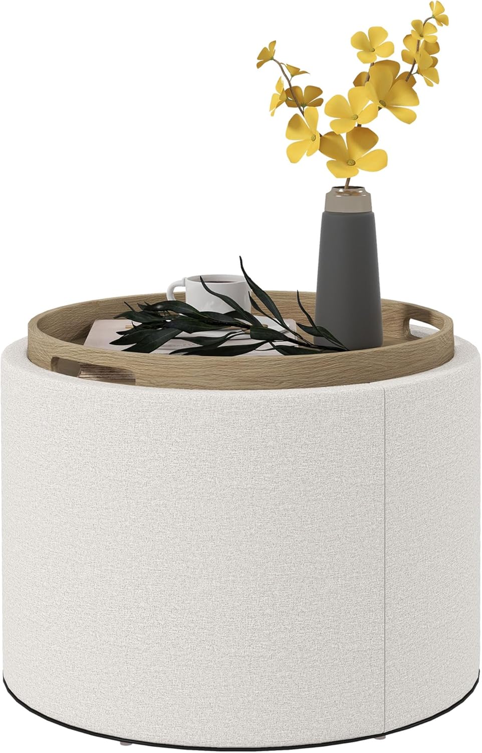 HOMCOM Sitzhocker mit Stauraum, Runder Hocker mit Klappdeckel Couchtisch, 56 x 56 x 42 cm Polsterhocker mit Leinenoptik, für Wohnzimmer, Schlafzimmer, Cremeweiß