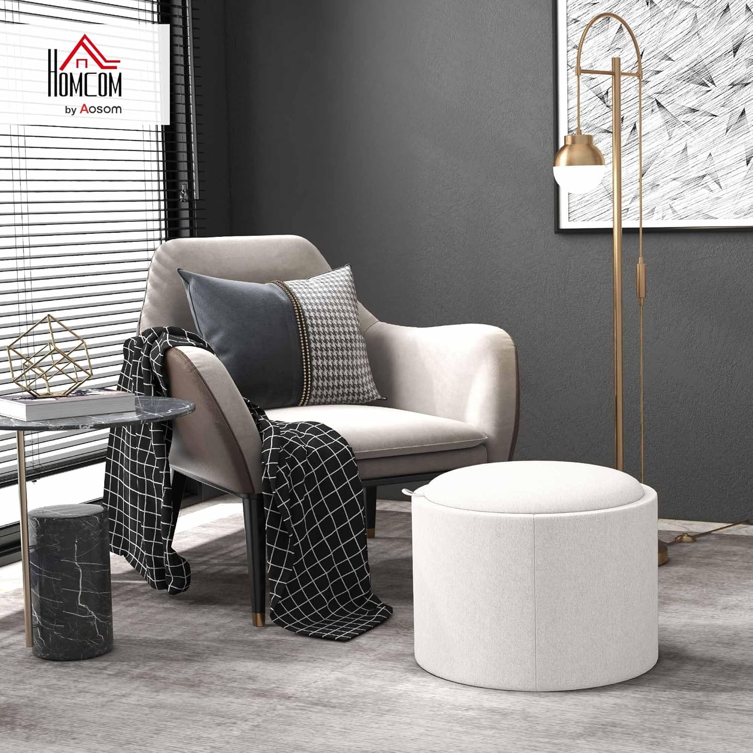 HOMCOM Sitzhocker mit Stauraum, Runder Hocker mit Klappdeckel Couchtisch, 56 x 56 x 42 cm Polsterhocker mit Leinenoptik, für Wohnzimmer, Schlafzimmer, Cremeweiß — Ansicht 2