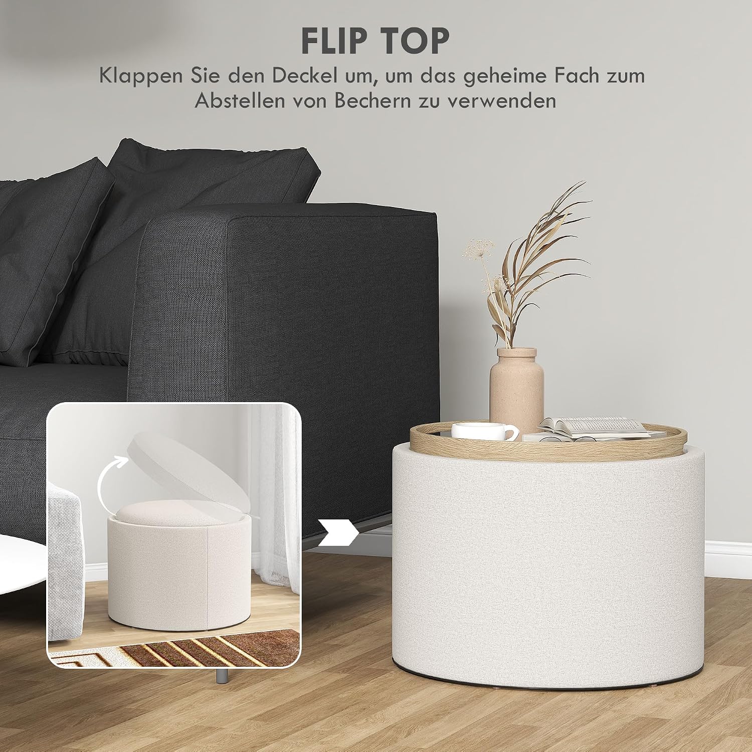 HOMCOM Sitzhocker mit Stauraum, Runder Hocker mit Klappdeckel Couchtisch, 56 x 56 x 42 cm Polsterhocker mit Leinenoptik, für Wohnzimmer, Schlafzimmer, Cremeweiß — Ansicht 4