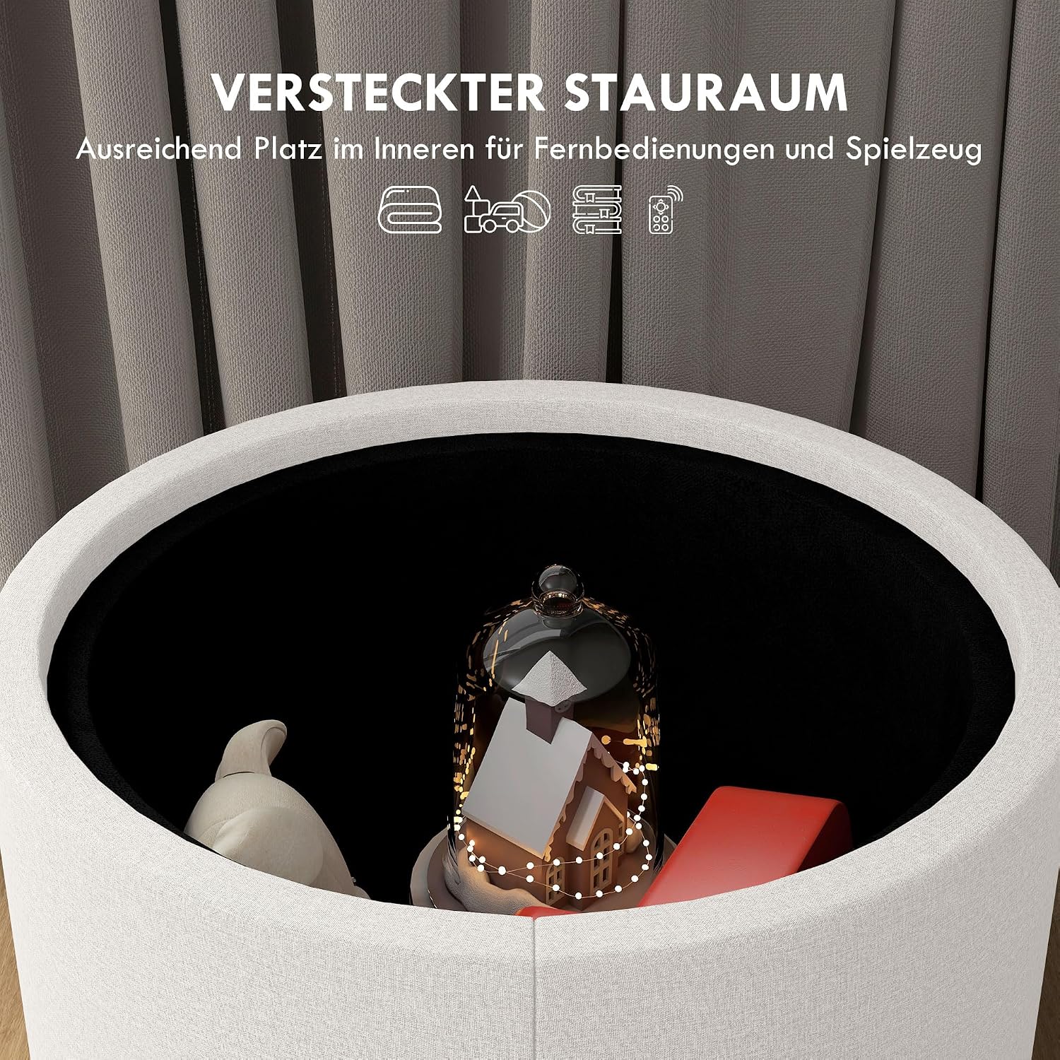 HOMCOM Sitzhocker mit Stauraum, Runder Hocker mit Klappdeckel Couchtisch, 56 x 56 x 42 cm Polsterhocker mit Leinenoptik, für Wohnzimmer, Schlafzimmer, Cremeweiß — Ansicht 5