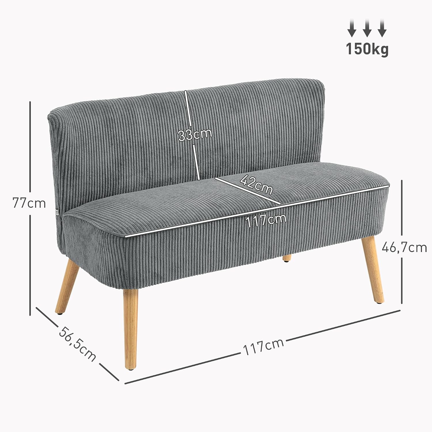 HOMCOM Sofa 2 Sitzer Couch, Kleine Loveseat mit Cord-Optik Modern Polstersofa für Wohnzimmer, Schlafzimmer, kleinen Raum, Grau 117 x 56,5 x 77 cm — Ansicht 3