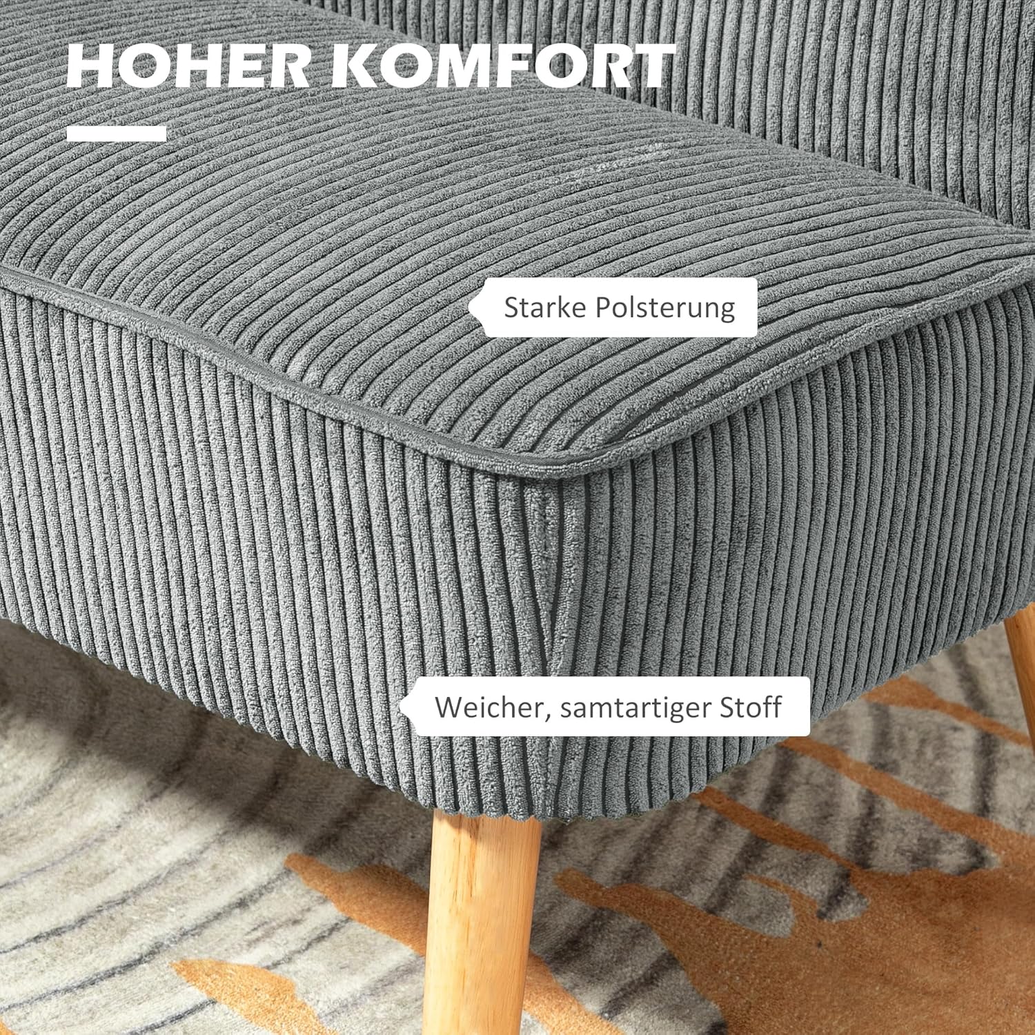 HOMCOM Sofa 2 Sitzer Couch, Kleine Loveseat mit Cord-Optik Modern Polstersofa für Wohnzimmer, Schlafzimmer, kleinen Raum, Grau 117 x 56,5 x 77 cm — Ansicht 4
