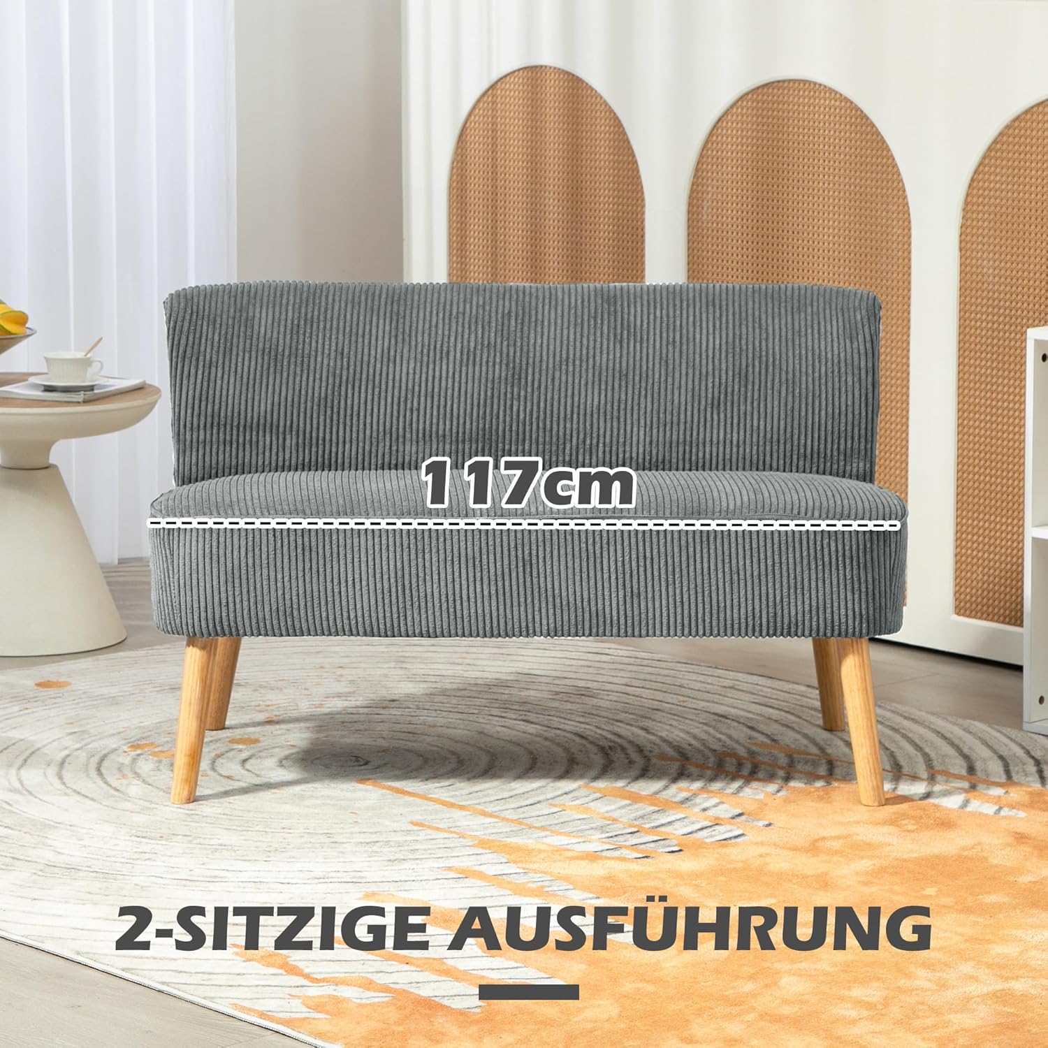 HOMCOM Sofa 2 Sitzer Couch, Kleine Loveseat mit Cord-Optik Modern Polstersofa für Wohnzimmer, Schlafzimmer, kleinen Raum, Grau 117 x 56,5 x 77 cm — Ansicht 6
