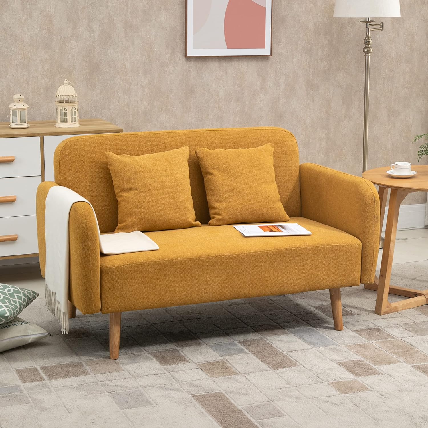 HOMCOM Sofa 2 Sitzer Couch mit 2 Wurfkissen, Kleine Loveseat mit Samtopik Modern Polstersofa für Wohnzimmer, Schlafzimmer, kleinen Raum, Gelb 130 x 70 x 80 cm — Ansicht 2