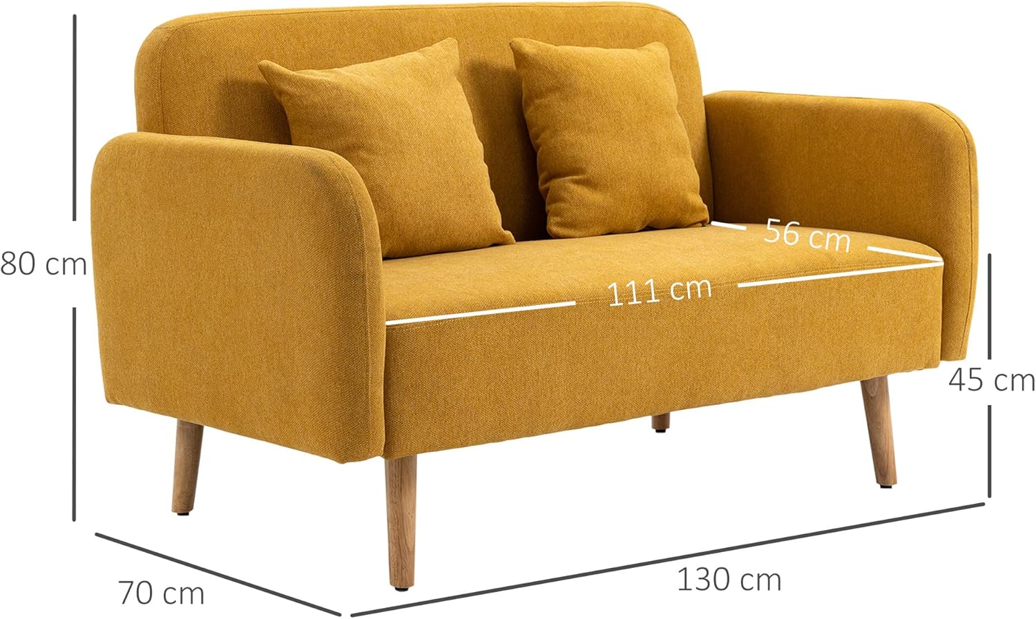HOMCOM Sofa 2 Sitzer Couch mit 2 Wurfkissen, Kleine Loveseat mit Samtopik Modern Polstersofa für Wohnzimmer, Schlafzimmer, kleinen Raum, Gelb 130 x 70 x 80 cm — Ansicht 3