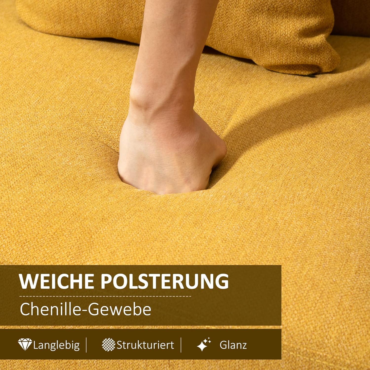 HOMCOM Sofa 2 Sitzer Couch mit 2 Wurfkissen, Kleine Loveseat mit Samtopik Modern Polstersofa für Wohnzimmer, Schlafzimmer, kleinen Raum, Gelb 130 x 70 x 80 cm — Ansicht 4