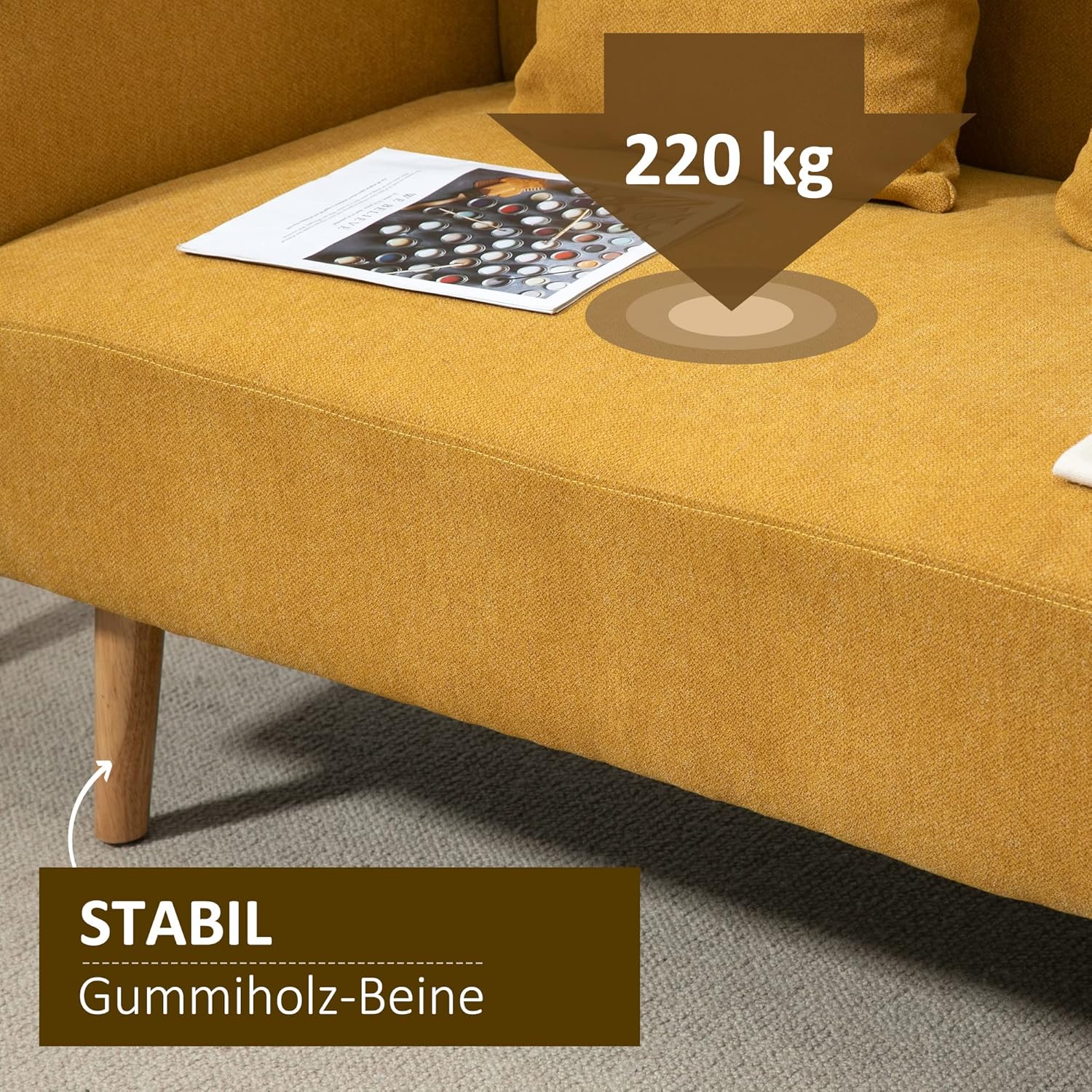 HOMCOM Sofa 2 Sitzer Couch mit 2 Wurfkissen, Kleine Loveseat mit Samtopik Modern Polstersofa für Wohnzimmer, Schlafzimmer, kleinen Raum, Gelb 130 x 70 x 80 cm — Ansicht 5