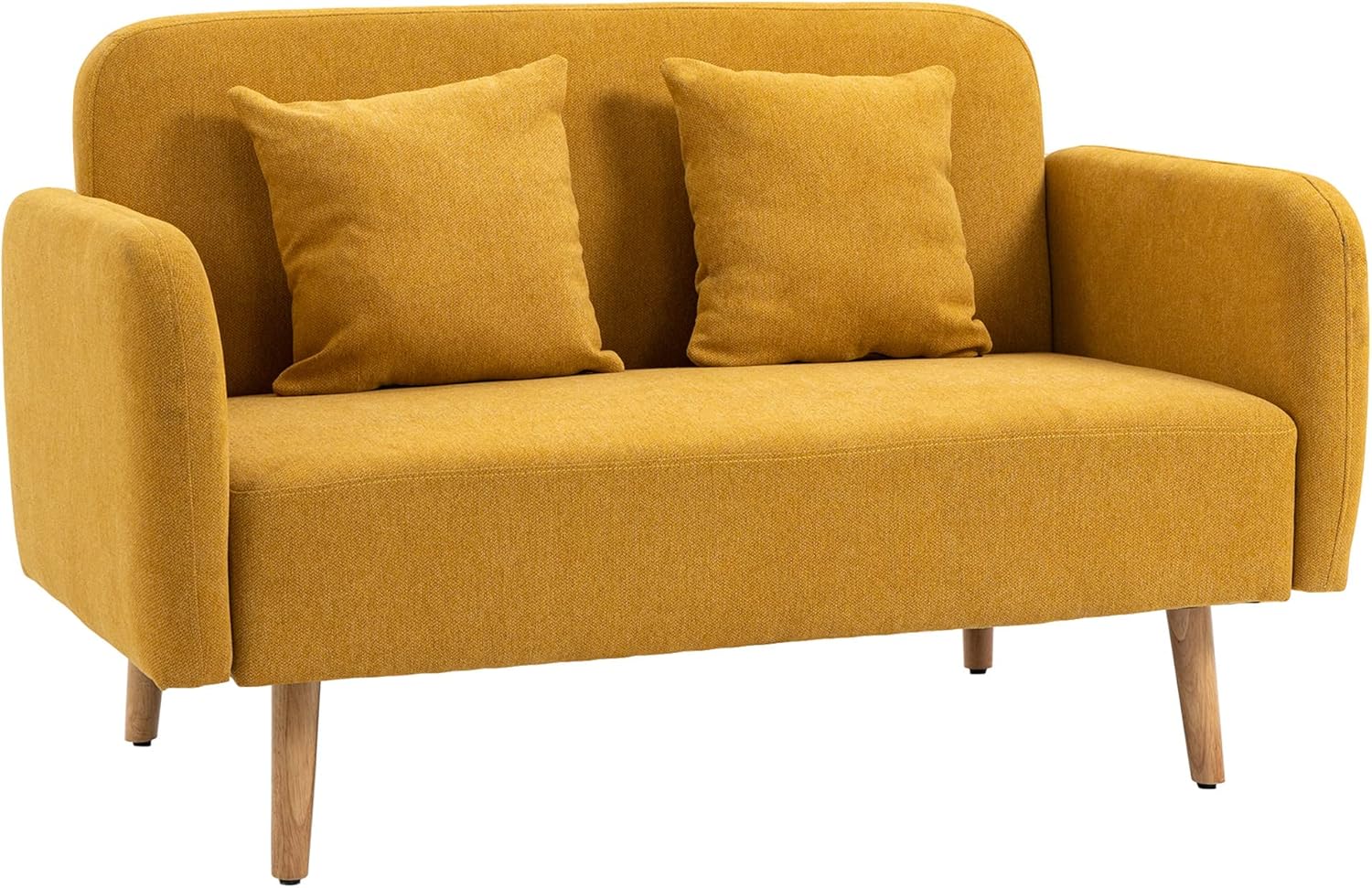 HOMCOM Sofa 2 Sitzer Couch mit 2 Wurfkissen, Kleine Loveseat mit Samtopik Modern Polstersofa für Wohnzimmer, Schlafzimmer, kleinen Raum, Gelb 130 x 70 x 80 cm