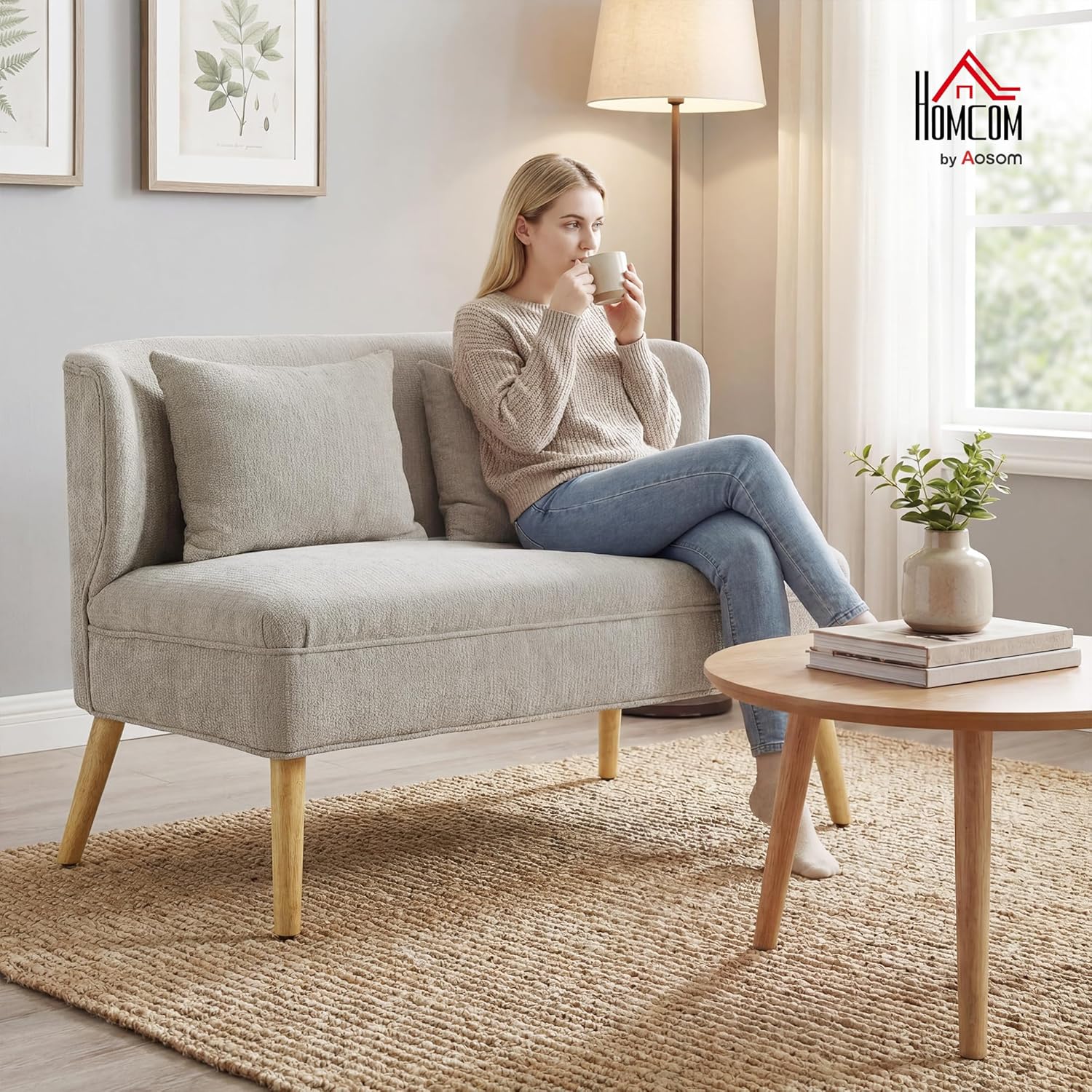 HOMCOM Sofa 2 Sitzer kleine Couch mit Flügelrücken, 2 Wurfkissen, 117 cm Dick Gepolstert Doppelsofa Modern Polstersofa mit Chenille-Optik, Holzbeine für kleine Räume, Wohnzimmer, Schlafzimmer, Beige — Ansicht 2