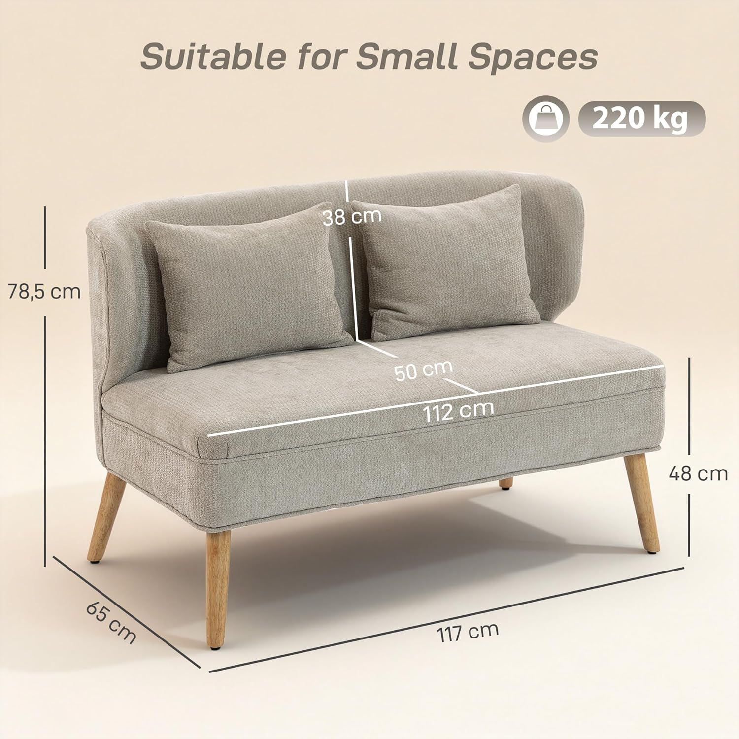 HOMCOM Sofa 2 Sitzer kleine Couch mit Flügelrücken, 2 Wurfkissen, 117 cm Dick Gepolstert Doppelsofa Modern Polstersofa mit Chenille-Optik, Holzbeine für kleine Räume, Wohnzimmer, Schlafzimmer, Beige — Ansicht 3