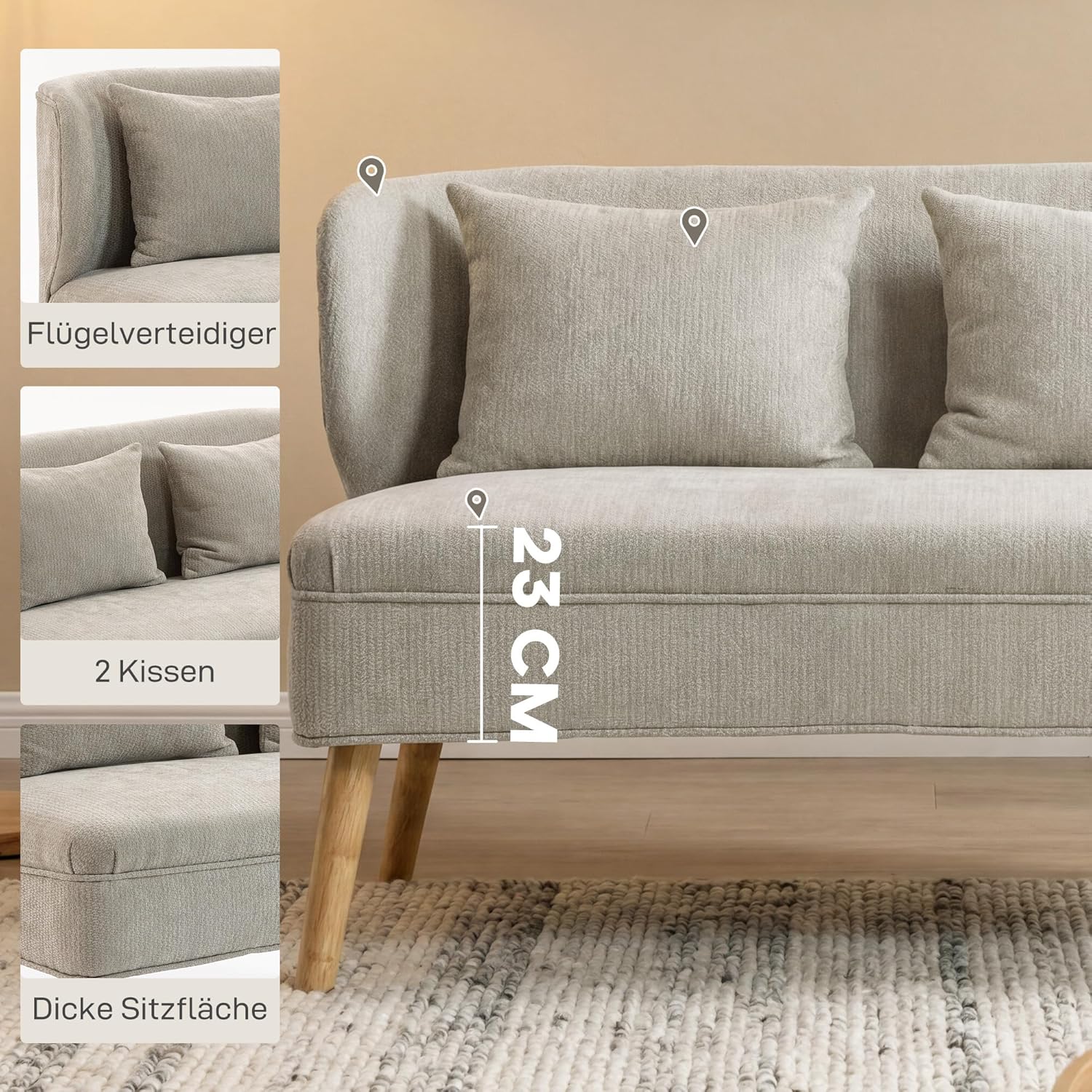 HOMCOM Sofa 2 Sitzer kleine Couch mit Flügelrücken, 2 Wurfkissen, 117 cm Dick Gepolstert Doppelsofa Modern Polstersofa mit Chenille-Optik, Holzbeine für kleine Räume, Wohnzimmer, Schlafzimmer, Beige — Ansicht 5