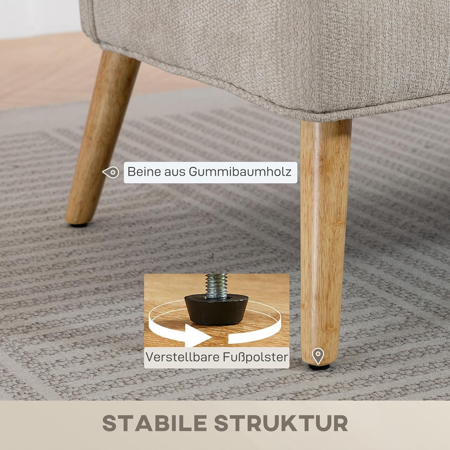 HOMCOM Sofa 2 Sitzer kleine Couch mit Flügelrücken, 2 Wurfkissen, 117 cm Dick Gepolstert Doppelsofa Modern Polstersofa mit Chenille-Optik, Holzbeine für kleine Räume, Wohnzimmer, Schlafzimmer, Beige — Ansicht 6