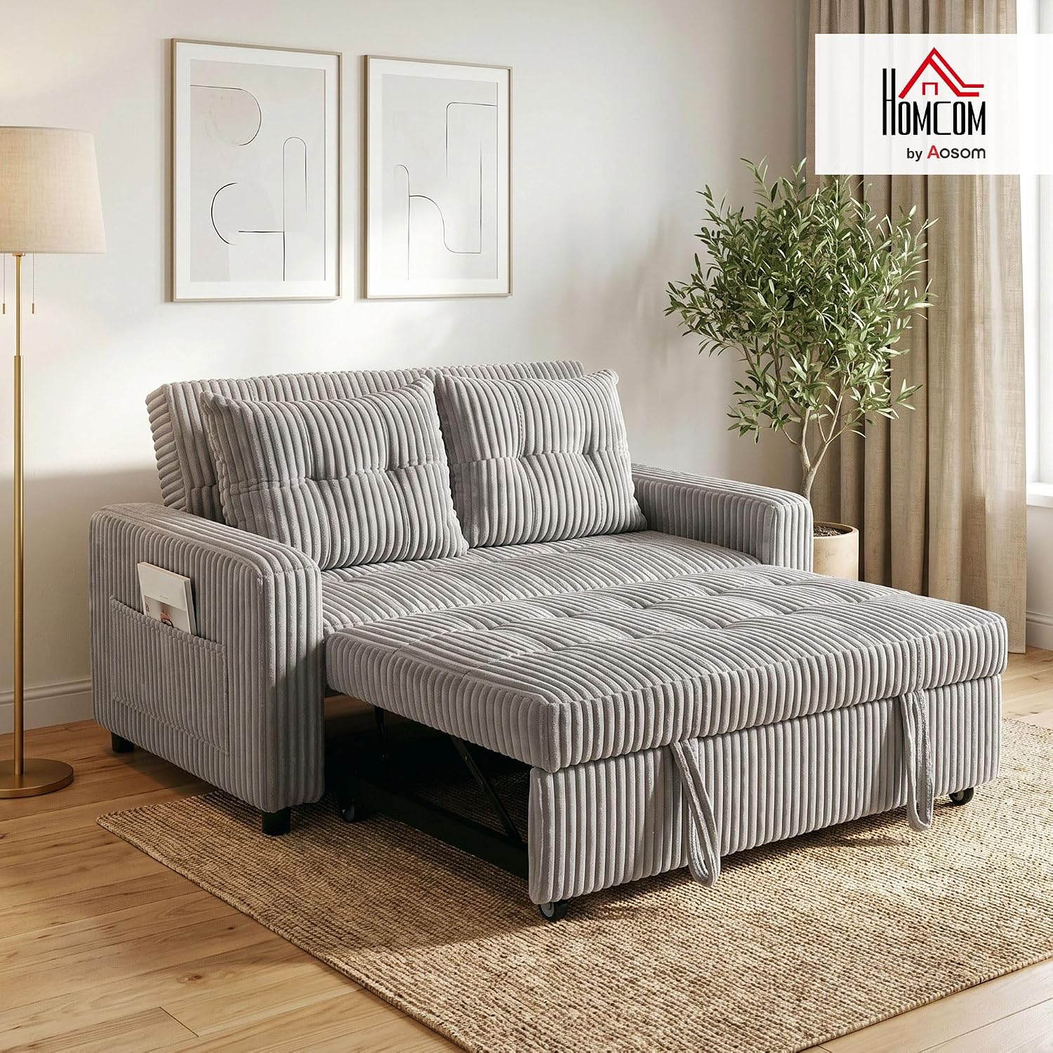 HOMCOM Sofa mit Schlaffunktion 190 x 157 cm Schlafsofa mit 3-stufig Verstellbarer Rückenlehne, Couch Schlafcouch mit Kissen, Kordoptik und Seitentasche für Wohnzimmer, Hellgrau — Ansicht 2