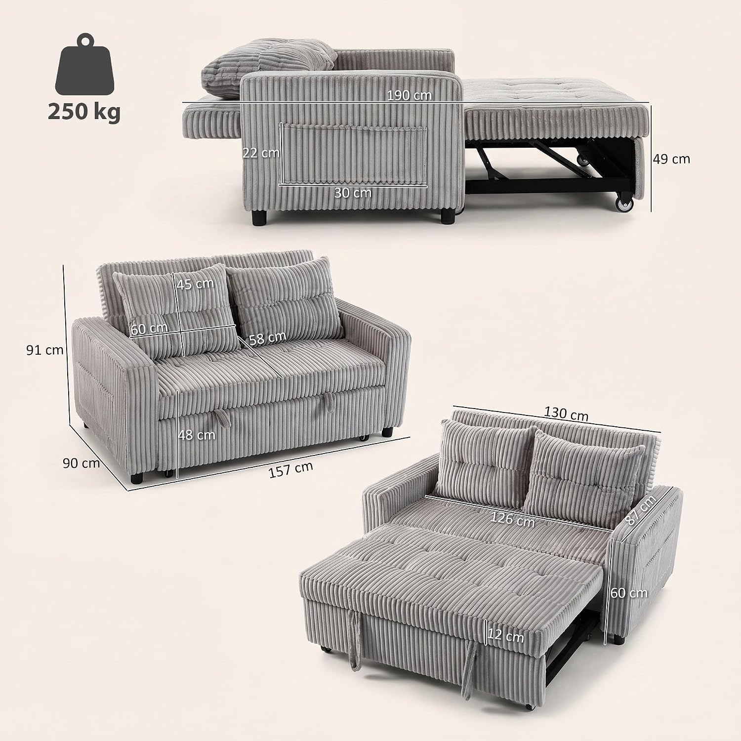 HOMCOM Sofa mit Schlaffunktion 190 x 157 cm Schlafsofa mit 3-stufig Verstellbarer Rückenlehne, Couch Schlafcouch mit Kissen, Kordoptik und Seitentasche für Wohnzimmer, Hellgrau — Ansicht 3