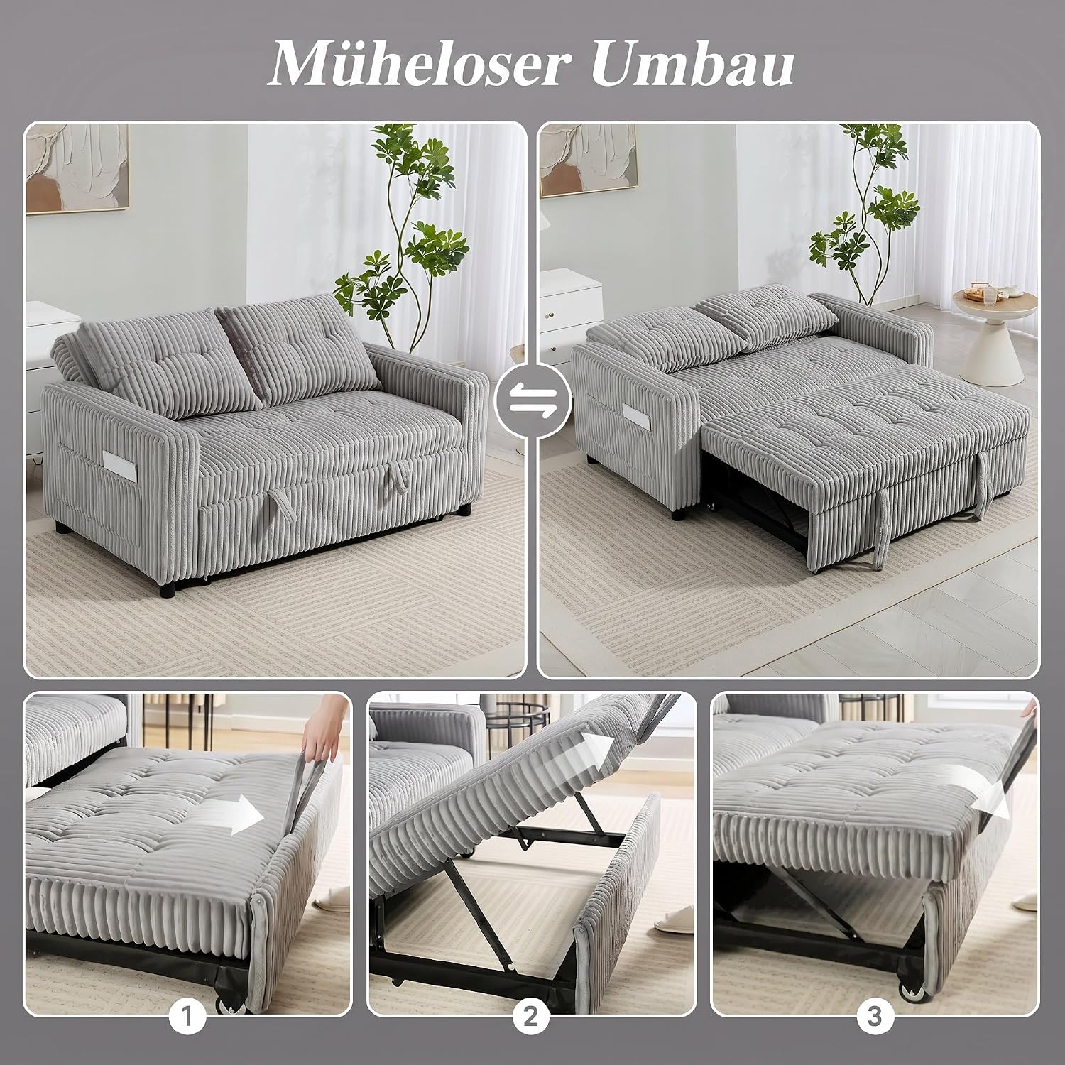 HOMCOM Sofa mit Schlaffunktion 190 x 157 cm Schlafsofa mit 3-stufig Verstellbarer Rückenlehne, Couch Schlafcouch mit Kissen, Kordoptik und Seitentasche für Wohnzimmer, Hellgrau — Ansicht 4