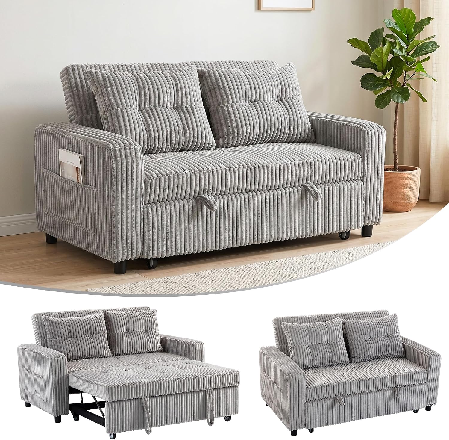HOMCOM Sofa mit Schlaffunktion 190 x 157 cm Schlafsofa mit 3-stufig Verstellbarer Rückenlehne, Couch Schlafcouch mit Kissen, Kordoptik und Seitentasche für Wohnzimmer, Hellgrau