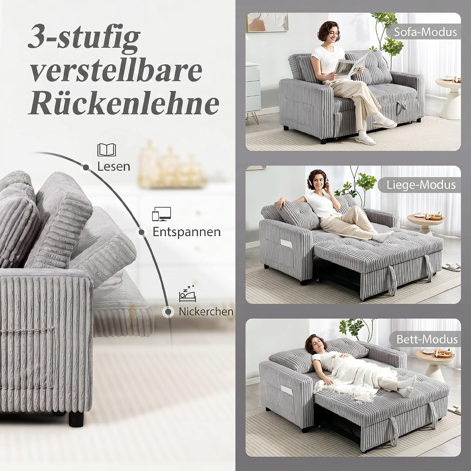 HOMCOM Sofa mit Schlaffunktion 190 x 157 cm Schlafsofa mit 3-stufig Verstellbarer Rückenlehne, Couch Schlafcouch mit Kissen, Kordoptik und Seitentasche für Wohnzimmer, Hellgrau — Ansicht 5