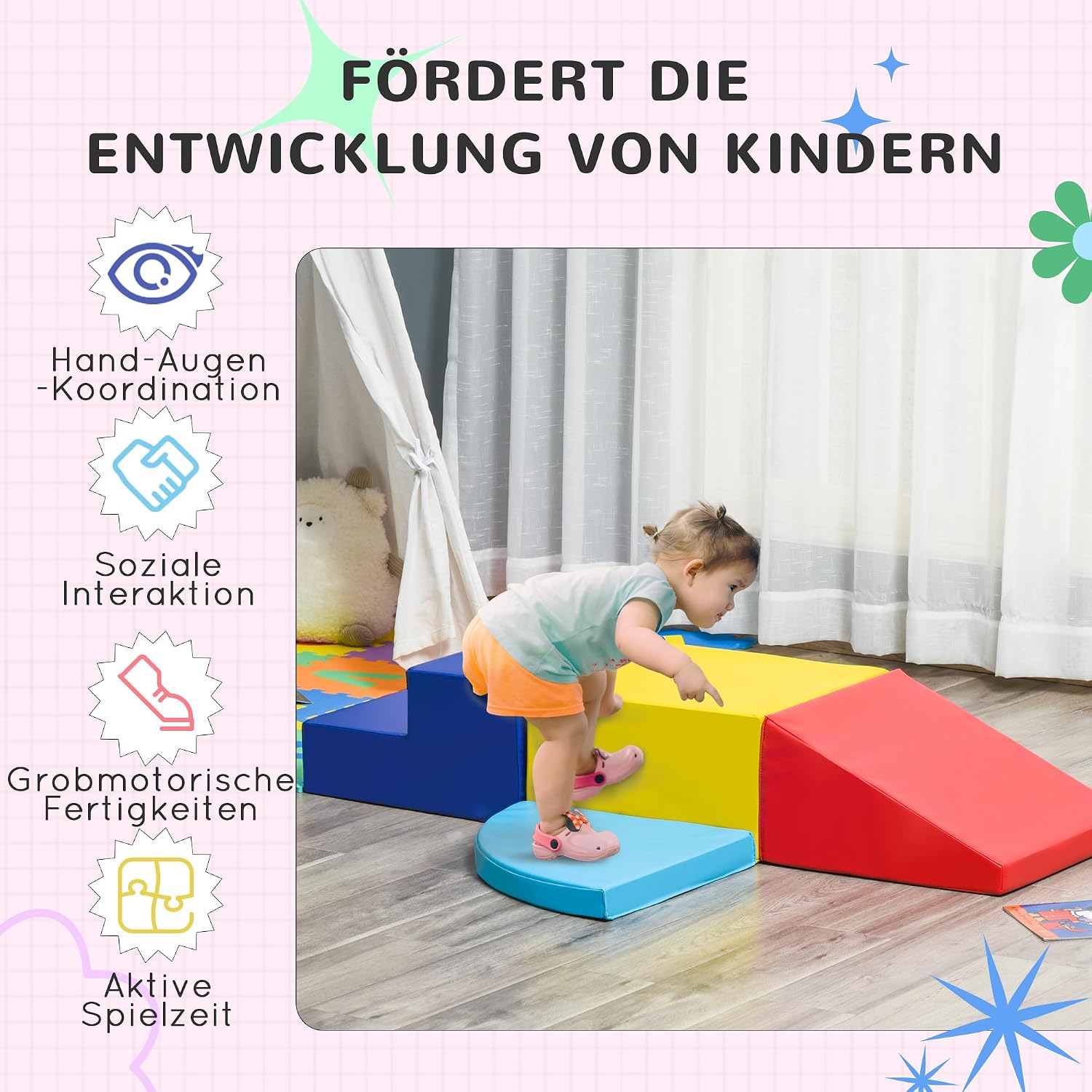HOMCOM Softbausteine 4er-Set Schaumstoff Bausteine Riesenbausteine Bauklötze Bauspielzeug Schaumstoffblöcke für 1-3 Jahre alt Kinder Kunstleder EPE — Ansicht 3