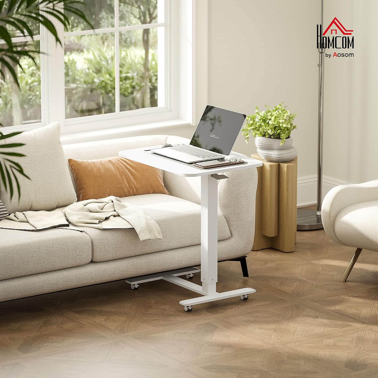 HOMCOM Stehpult, Höhenverstellbar C-förmig Schreibtisch mit 4 Rollen, 65x48x73-110cm Steh-Sitz Schreibtisch für Büro, Arbeitszimmer, Wohnzimmer, bis 70 kg belastbar, Weiß — Ansicht 2