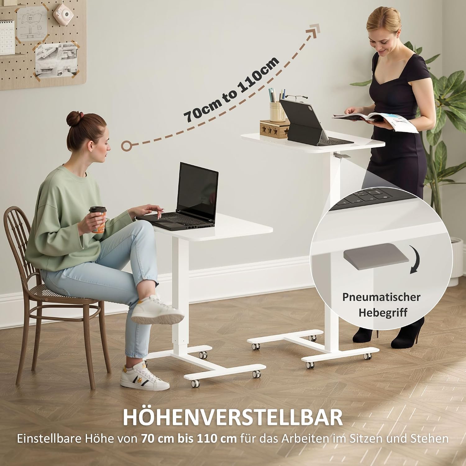 HOMCOM Stehpult, Höhenverstellbar C-förmig Schreibtisch mit 4 Rollen, 65x48x73-110cm Steh-Sitz Schreibtisch für Büro, Arbeitszimmer, Wohnzimmer, bis 70 kg belastbar, Weiß — Ansicht 4
