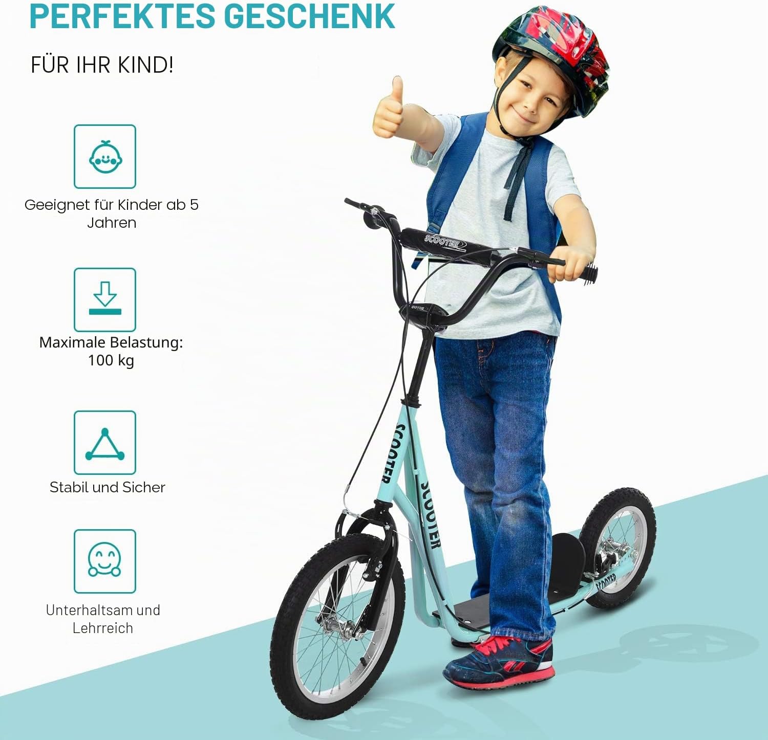 HOMCOM Tretroller, große Lufträder, Ø 40 und 30 cm, höhenverstellbarer Lenker, Bremse vorne / hinten, Ständer, Stahl, Himmelblau, Schwarz — Ansicht 3