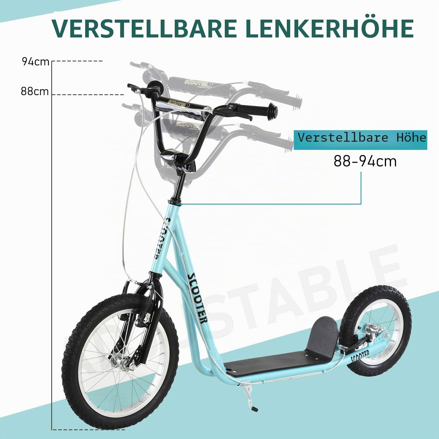 HOMCOM Tretroller, große Lufträder, Ø 40 und 30 cm, höhenverstellbarer Lenker, Bremse vorne / hinten, Ständer, Stahl, Himmelblau, Schwarz — Ansicht 4