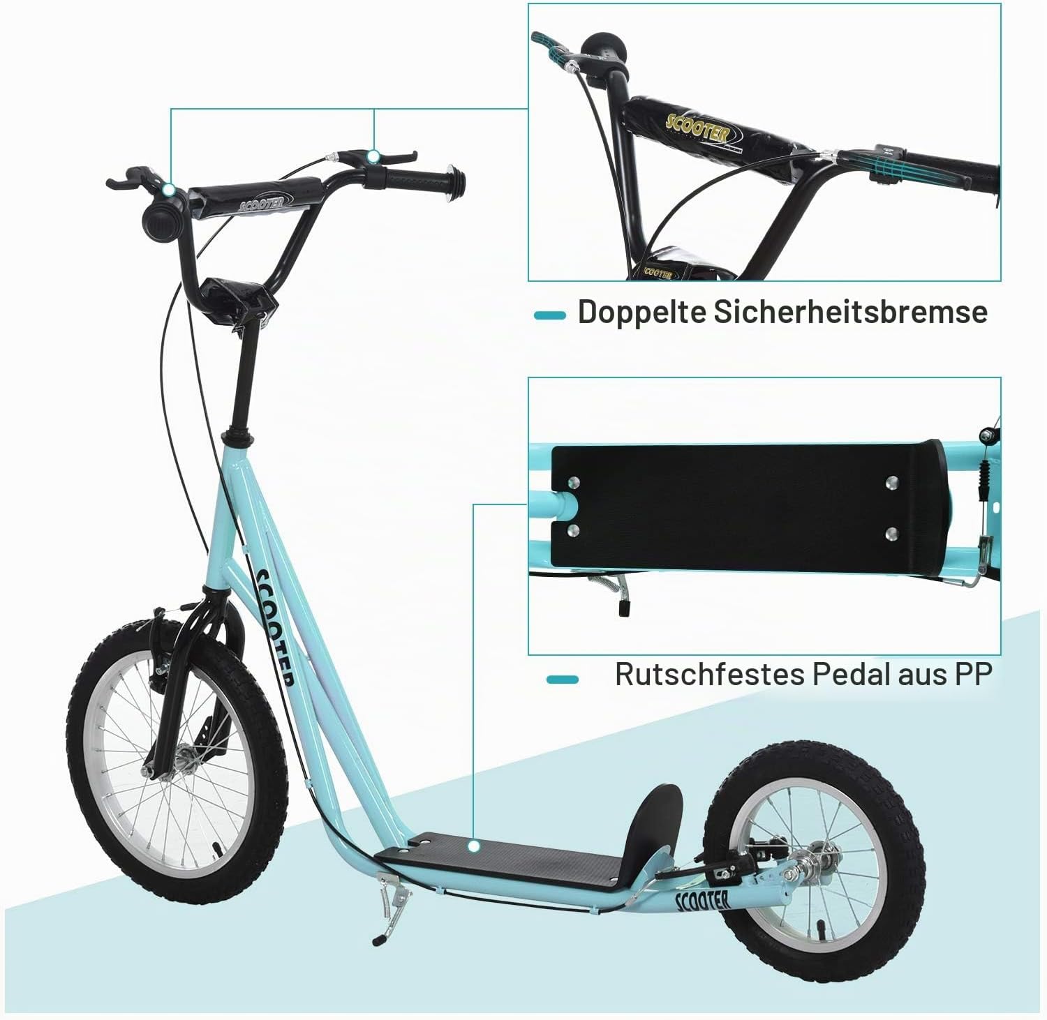 HOMCOM Tretroller, große Lufträder, Ø 40 und 30 cm, höhenverstellbarer Lenker, Bremse vorne / hinten, Ständer, Stahl, Himmelblau, Schwarz — Ansicht 5