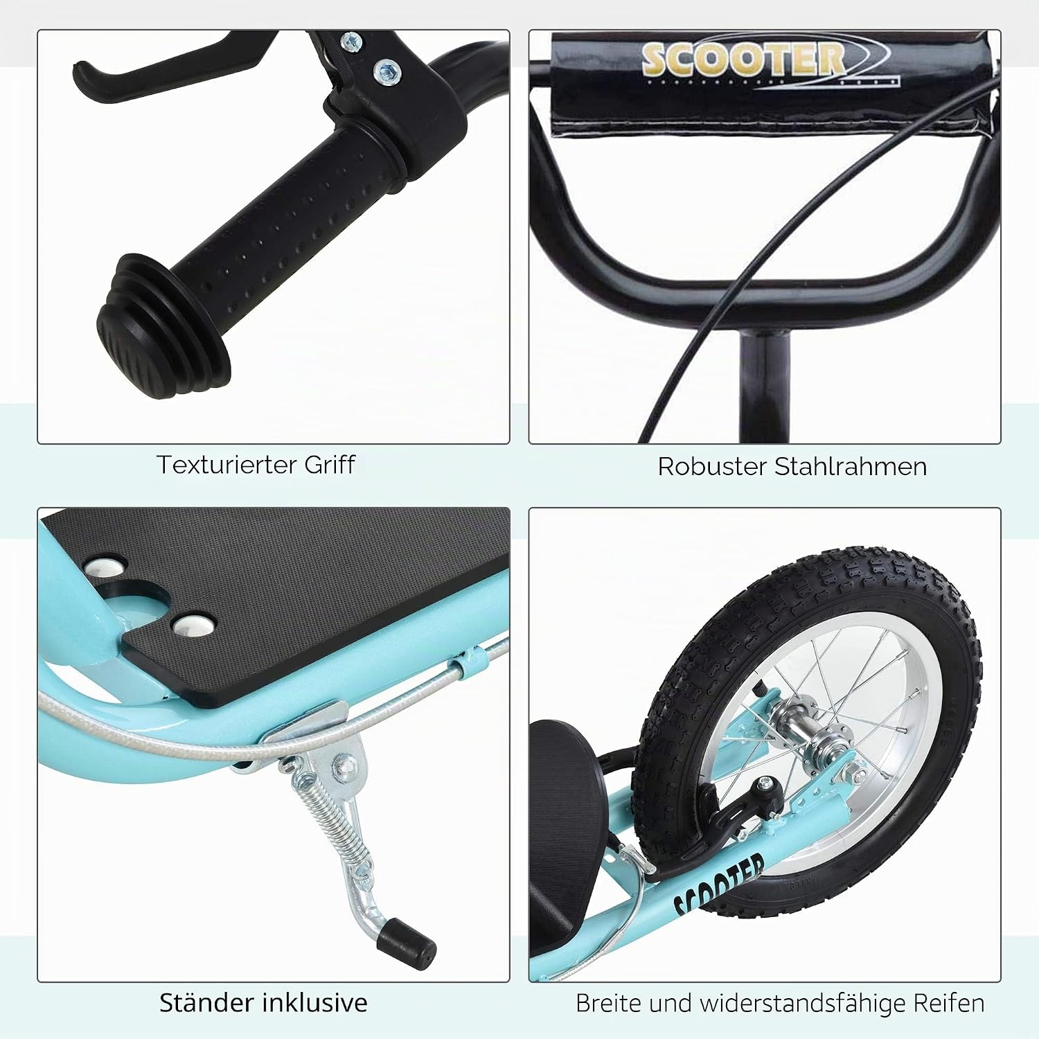 HOMCOM Tretroller, große Lufträder, Ø 40 und 30 cm, höhenverstellbarer Lenker, Bremse vorne / hinten, Ständer, Stahl, Himmelblau, Schwarz — Ansicht 6