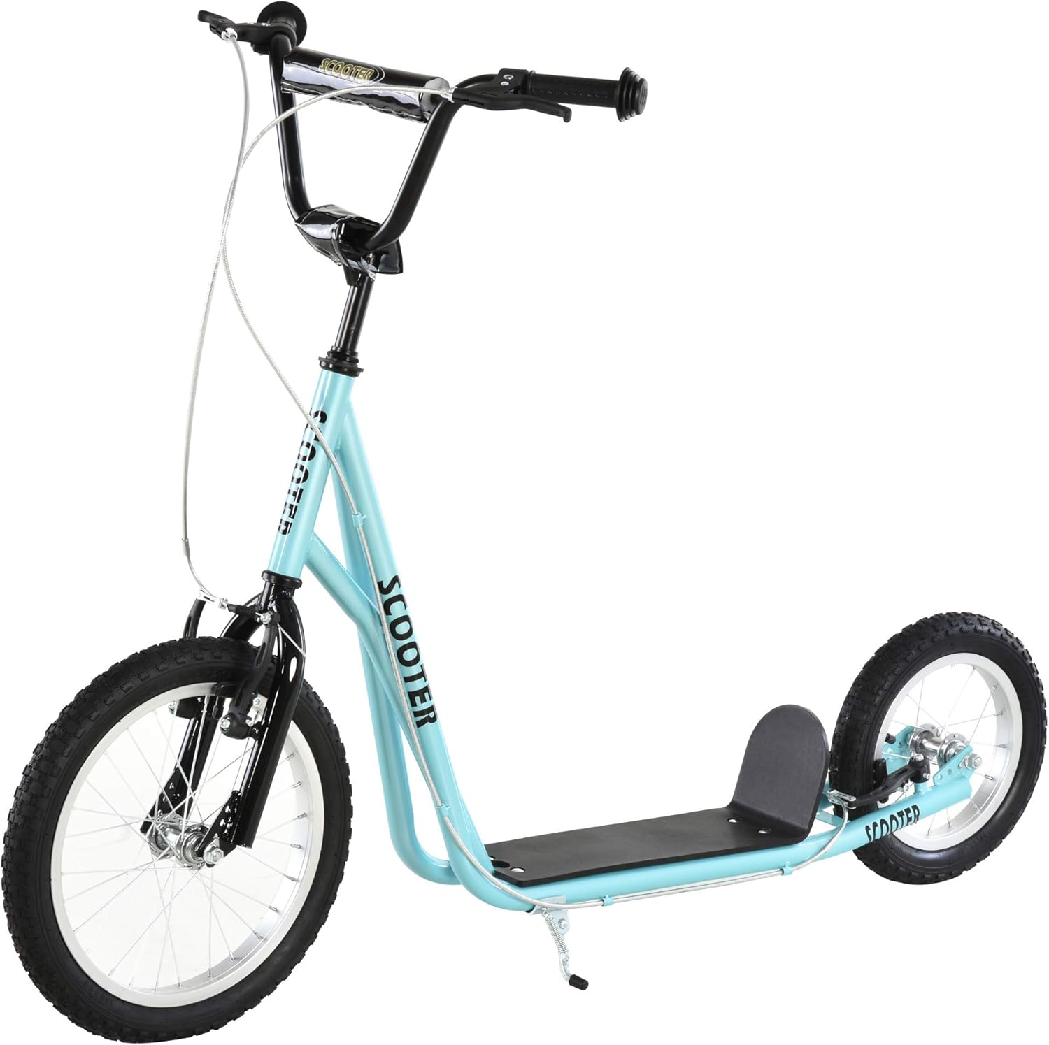 HOMCOM Tretroller, große Lufträder, Ø 40 und 30 cm, höhenverstellbarer Lenker, Bremse vorne / hinten, Ständer, Stahl, Himmelblau, Schwarz
