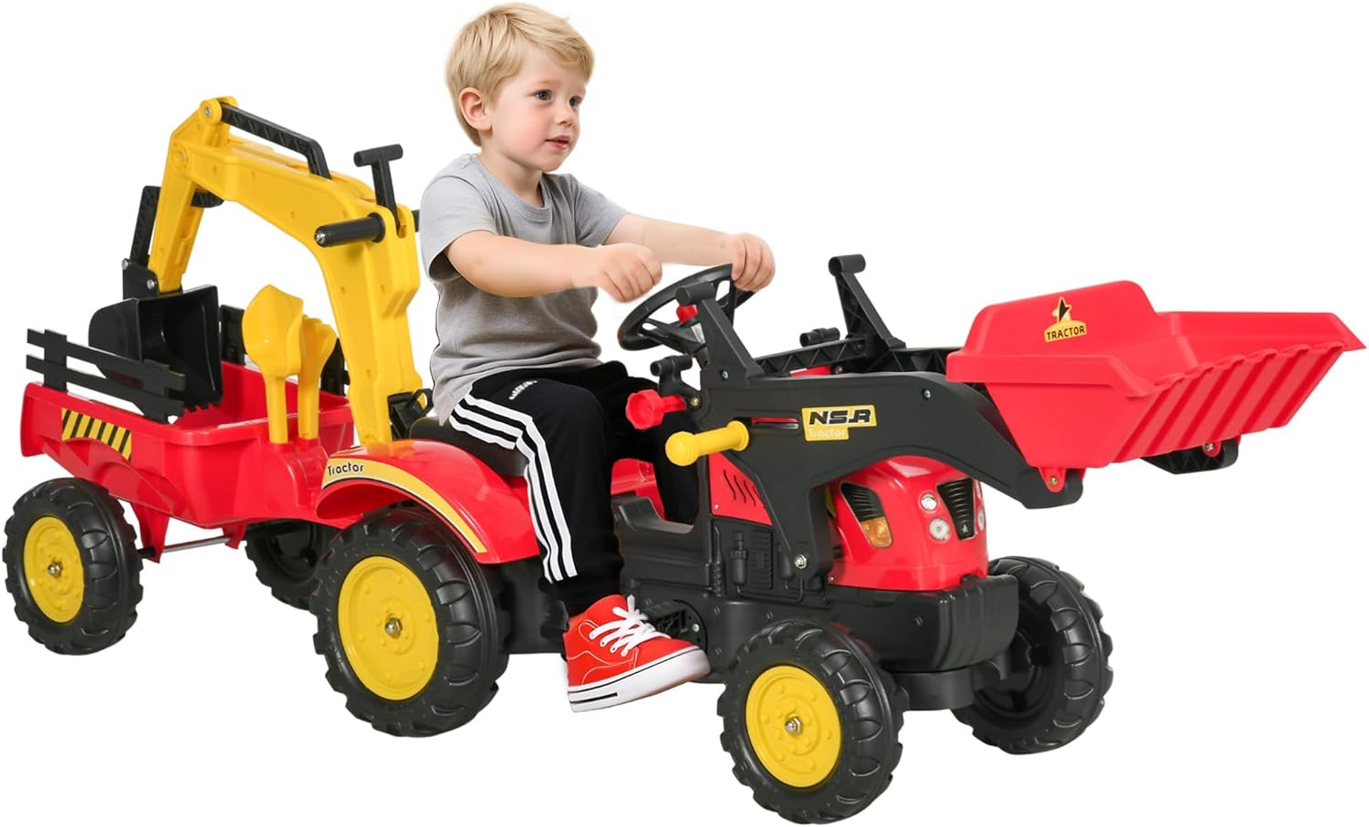HOMCOM Trettraktor mit Anhänger, Frontlader, Verstellbarer Schaufel, Traktor Tretfahrzeug für Kinder ab 3 Jahren Rot