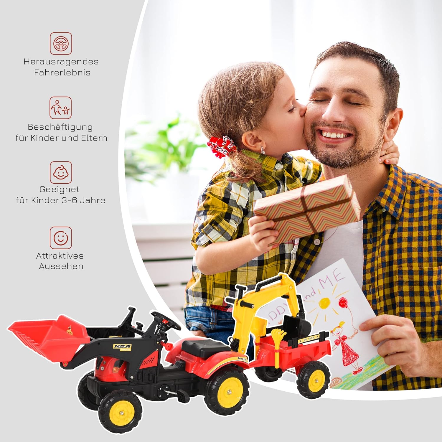 HOMCOM Trettraktor mit Anhänger, Frontlader, Verstellbarer Schaufel, Traktor Tretfahrzeug für Kinder ab 3 Jahren Rot — Ansicht 4