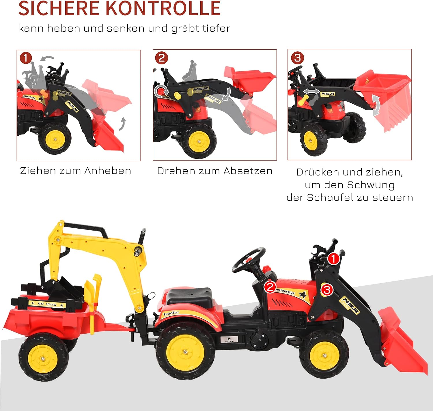 HOMCOM Trettraktor mit Anhänger, Frontlader, Verstellbarer Schaufel, Traktor Tretfahrzeug für Kinder ab 3 Jahren Rot — Ansicht 5