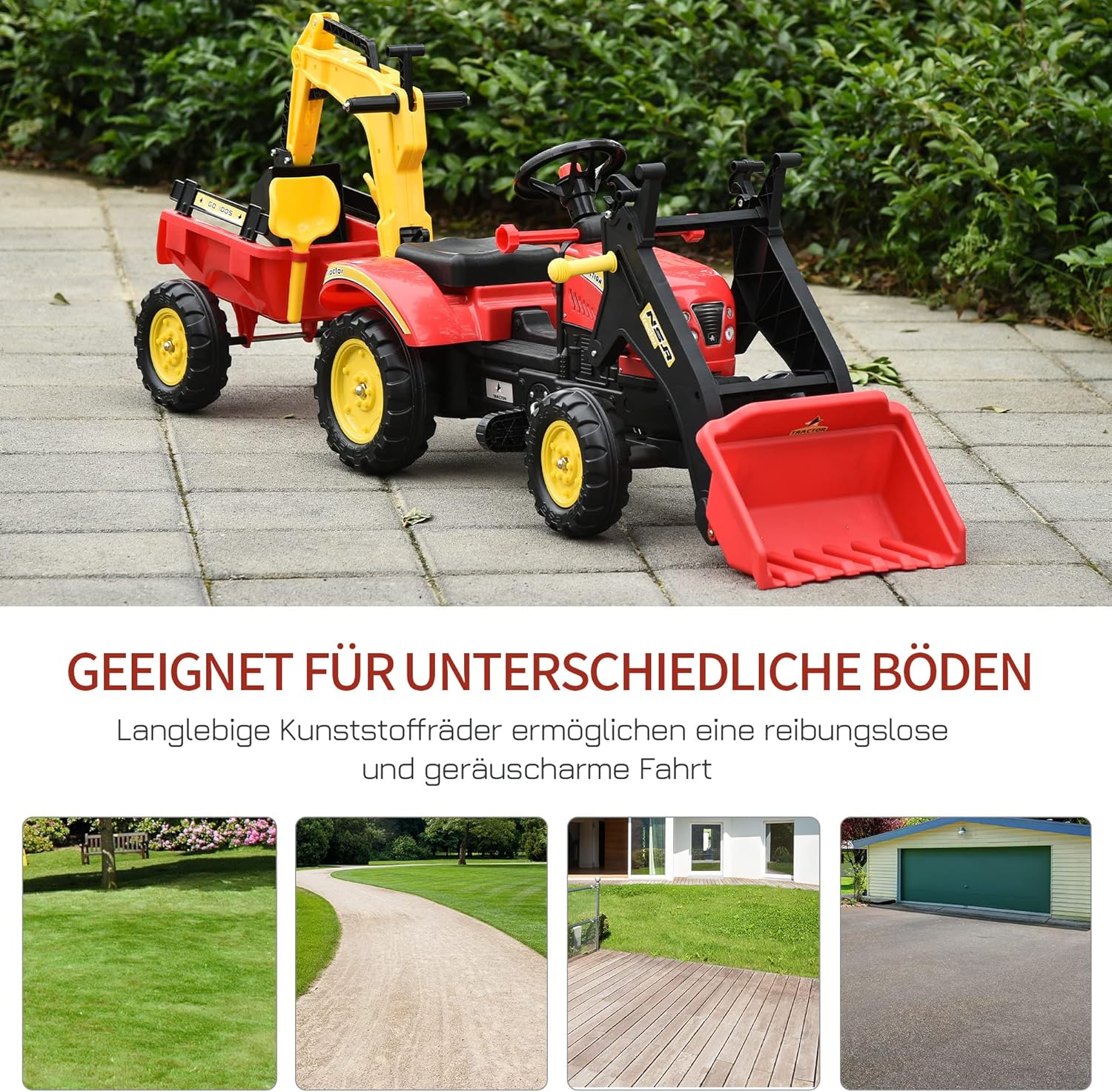 HOMCOM Trettraktor mit Anhänger, Frontlader, Verstellbarer Schaufel, Traktor Tretfahrzeug für Kinder ab 3 Jahren Rot — Ansicht 6