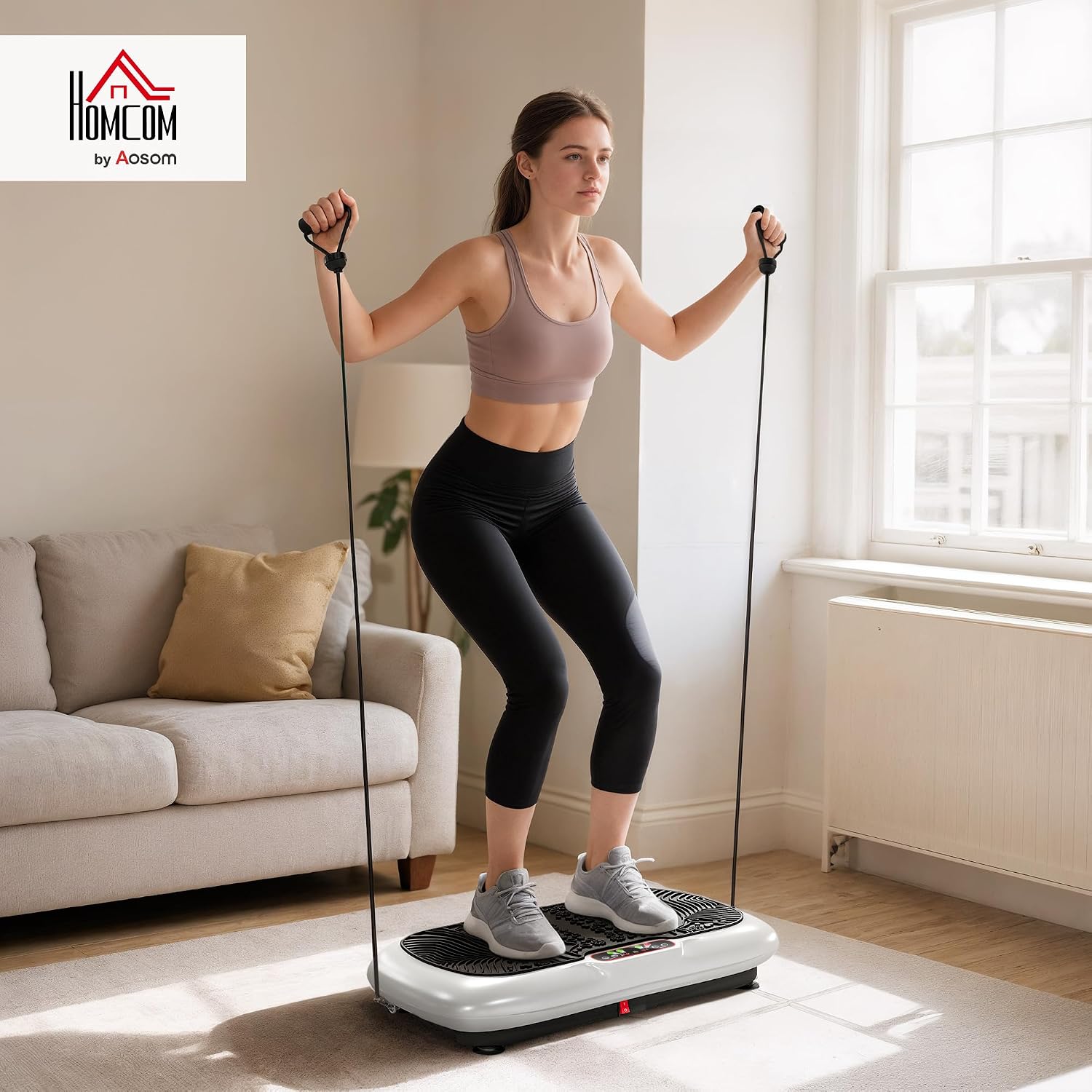 HOMCOM Vibrationsplatte mit 2 Fitnessbändern 99 Vibrationsstufen 120 kg Belastbarkeit Rüttelplatte Fitnessgeräte für Ganzkörpertraining zu Hause mit LCD-Anzeige 200W 73 x 40 x 13cm Weiß+Schwarz — Ansicht 2