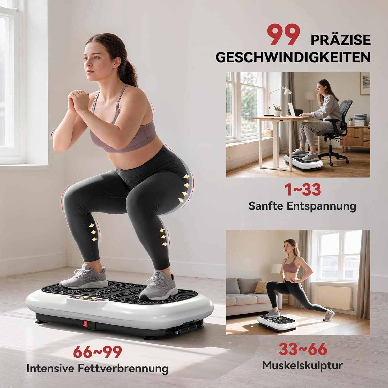 HOMCOM Vibrationsplatte mit 2 Fitnessbändern 99 Vibrationsstufen 120 kg Belastbarkeit Rüttelplatte Fitnessgeräte für Ganzkörpertraining zu Hause mit LCD-Anzeige 200W 73 x 40 x 13cm Weiß+Schwarz — Ansicht 3