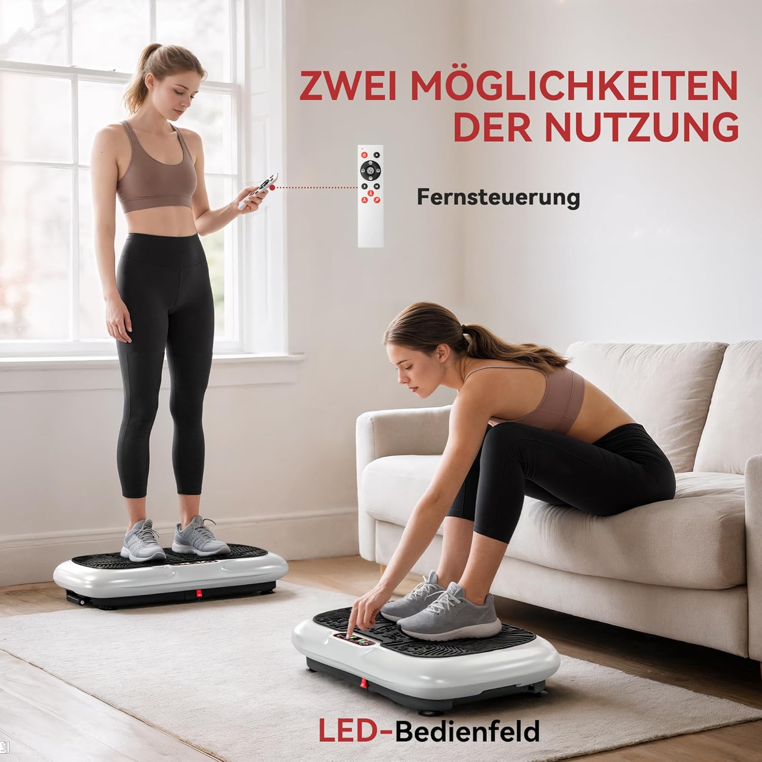 HOMCOM Vibrationsplatte mit 2 Fitnessbändern 99 Vibrationsstufen 120 kg Belastbarkeit Rüttelplatte Fitnessgeräte für Ganzkörpertraining zu Hause mit LCD-Anzeige 200W 73 x 40 x 13cm Weiß+Schwarz — Ansicht 4