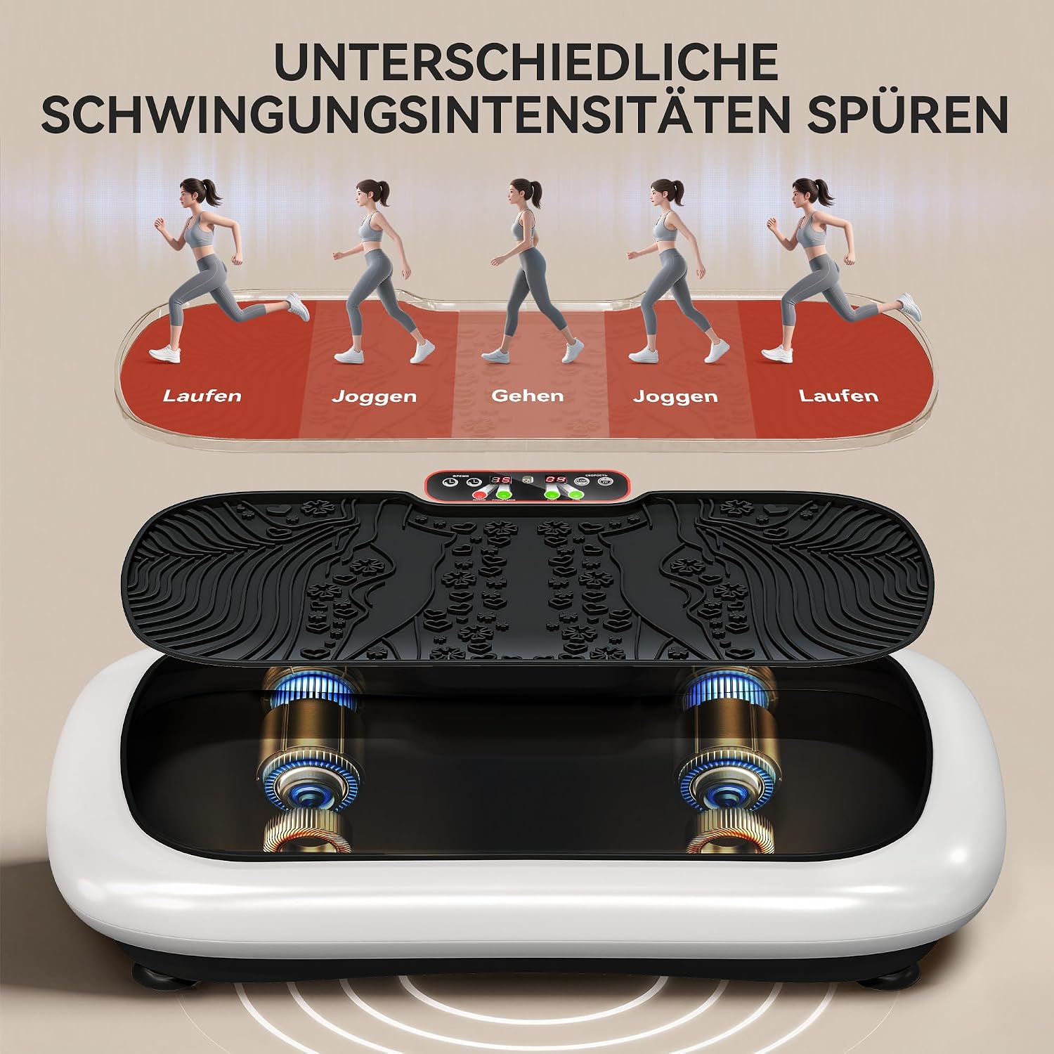 HOMCOM Vibrationsplatte mit 2 Fitnessbändern 99 Vibrationsstufen 120 kg Belastbarkeit Rüttelplatte Fitnessgeräte für Ganzkörpertraining zu Hause mit LCD-Anzeige 200W 73 x 40 x 13cm Weiß+Schwarz — Ansicht 5