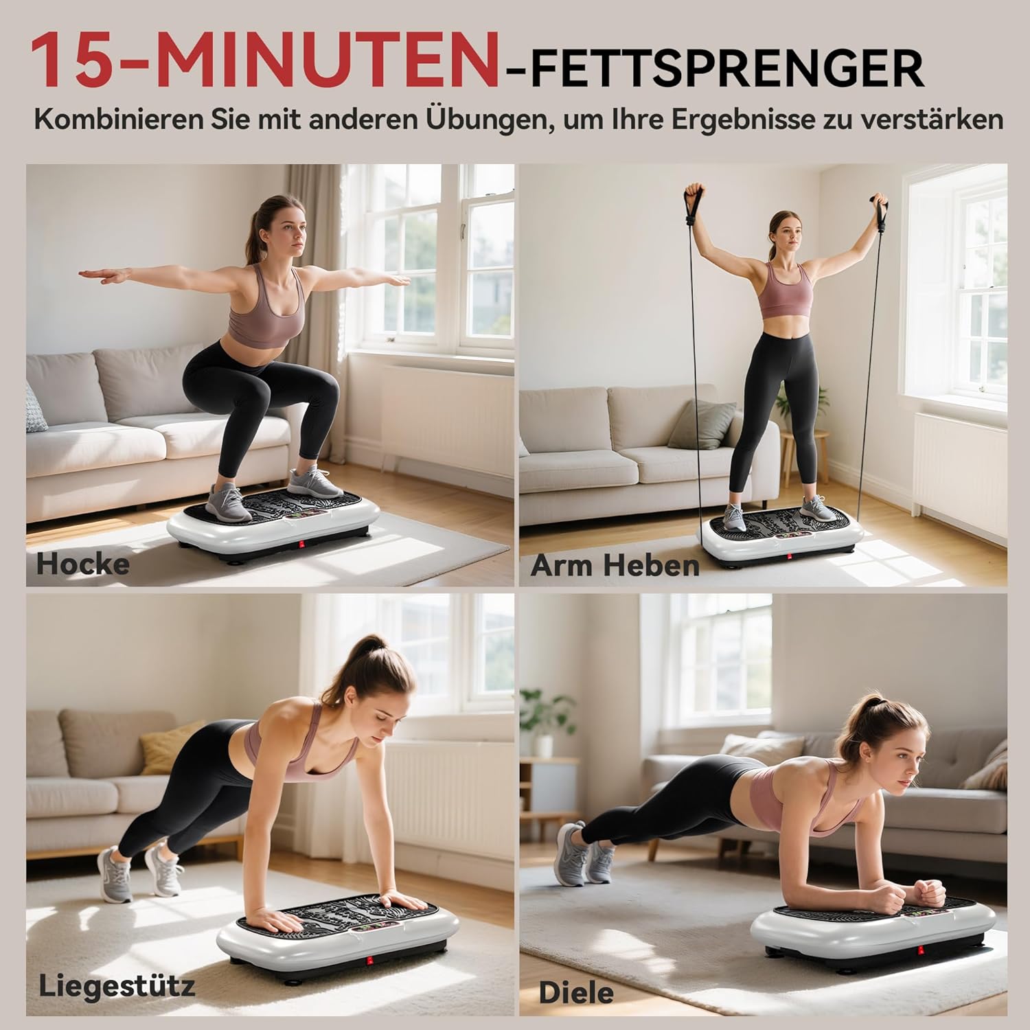 HOMCOM Vibrationsplatte mit 2 Fitnessbändern 99 Vibrationsstufen 120 kg Belastbarkeit Rüttelplatte Fitnessgeräte für Ganzkörpertraining zu Hause mit LCD-Anzeige 200W 73 x 40 x 13cm Weiß+Schwarz — Ansicht 6
