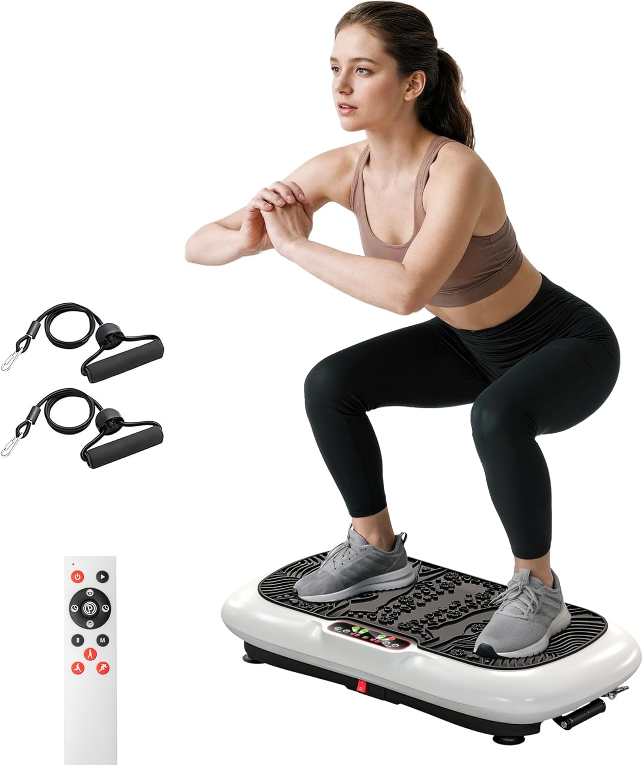 HOMCOM Vibrationsplatte mit 2 Fitnessbändern 99 Vibrationsstufen 120 kg Belastbarkeit Rüttelplatte Fitnessgeräte für Ganzkörpertraining zu Hause mit LCD-Anzeige 200W 73 x 40 x 13cm Weiß+Schwarz