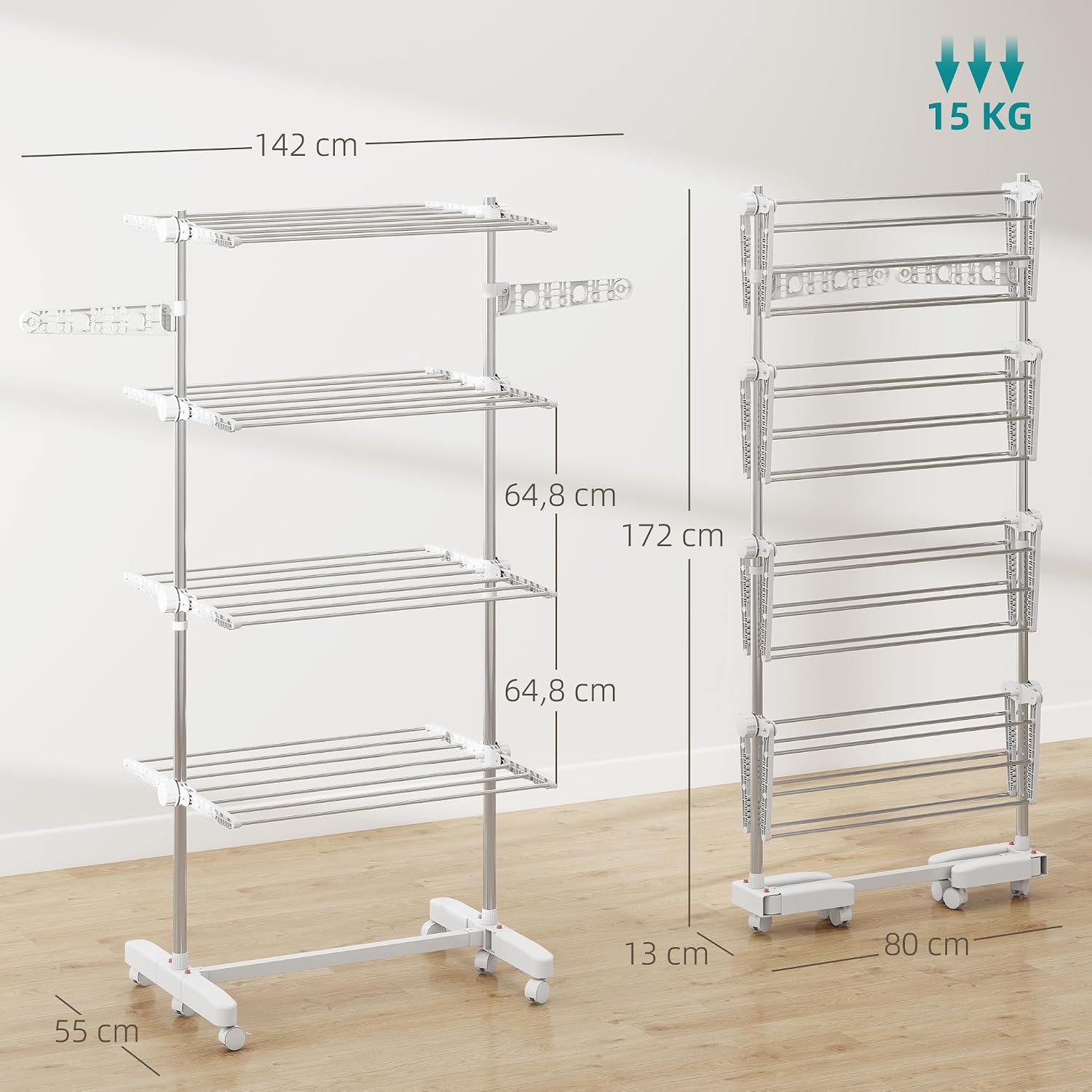 HOMCOM Wäscheständer Turm Standtrockner mit 4 Ebenen, klappbare Flügel, Rollen, Turmwäscheständer für Innen und Außen, 142 x 55 x 172 cm, Weiß — Ansicht 3
