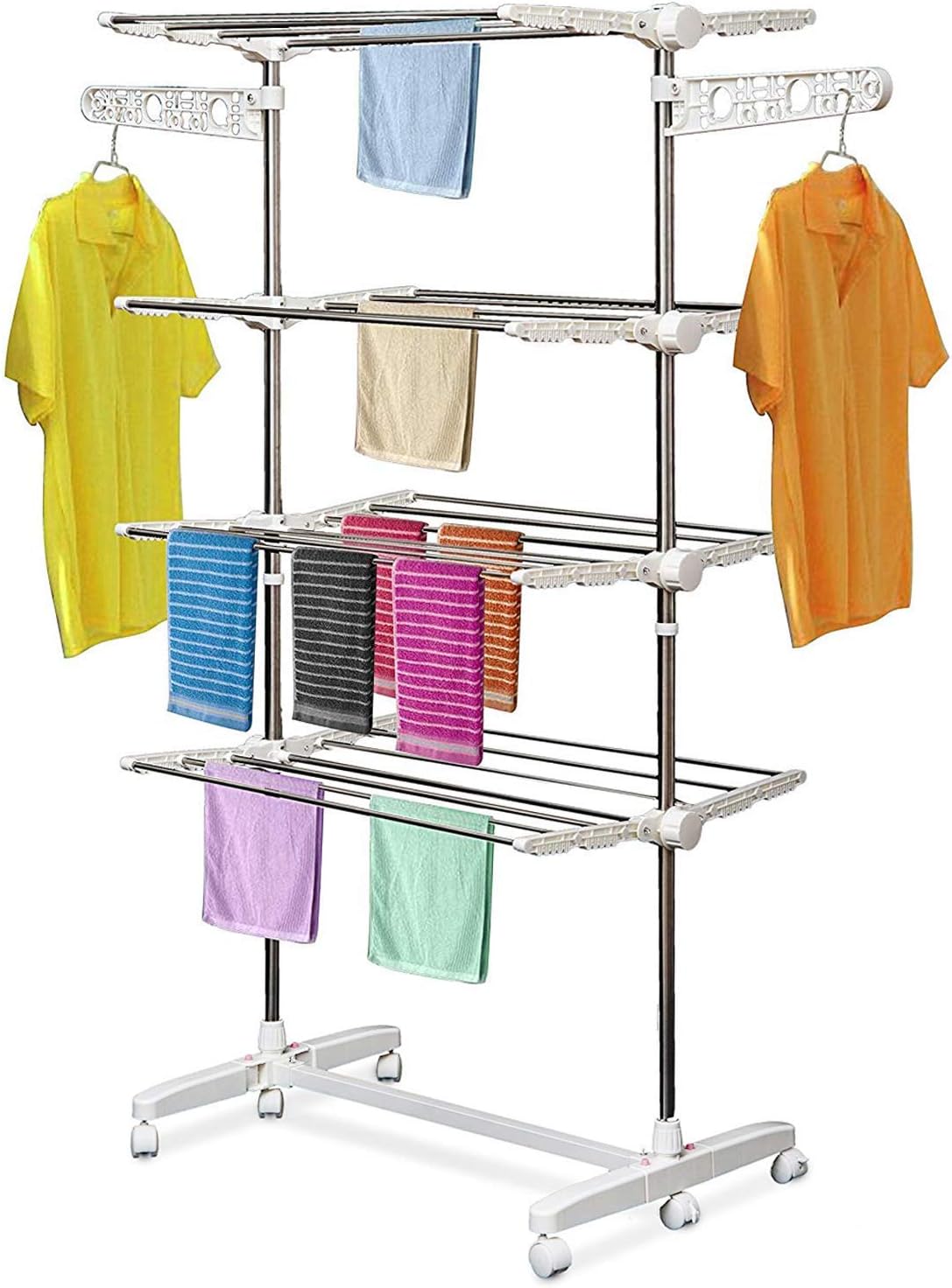 HOMCOM Wäscheständer Turm Standtrockner mit 4 Ebenen, klappbare Flügel, Rollen, Turmwäscheständer für Innen und Außen, 142 x 55 x 172 cm, Weiß — Ansicht 4