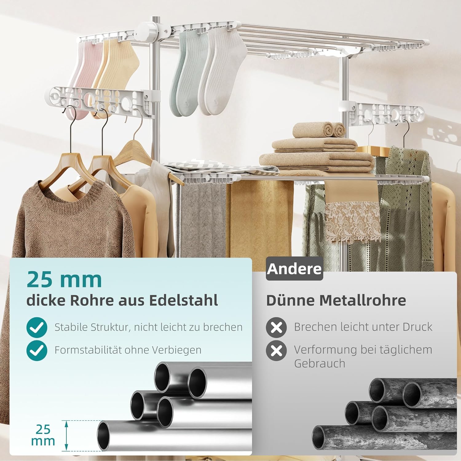HOMCOM Wäscheständer Turm Standtrockner mit 4 Ebenen, klappbare Flügel, Rollen, Turmwäscheständer für Innen und Außen, 142 x 55 x 172 cm, Weiß — Ansicht 6