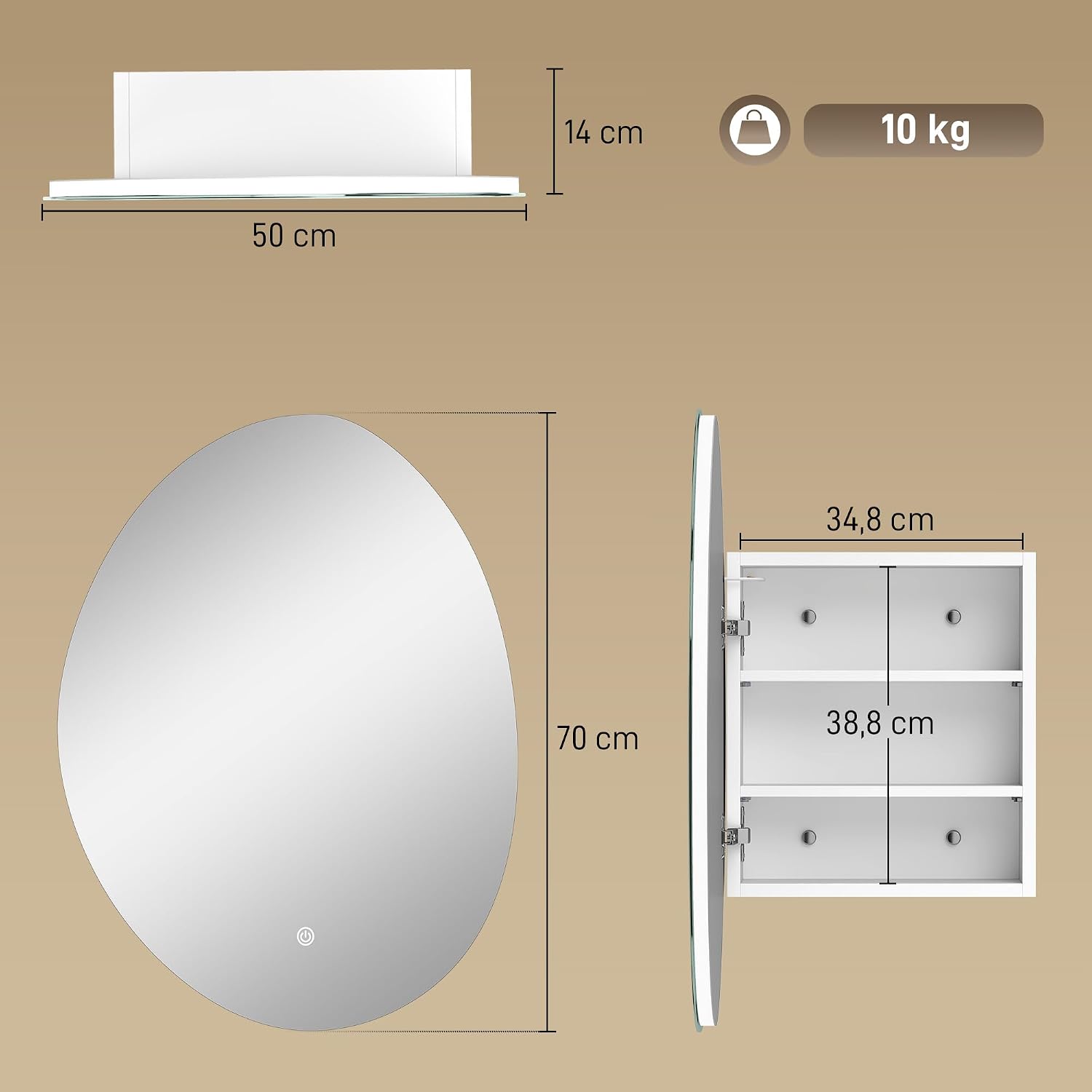 HOMCOM Wandschrank für Badezimmer mit Spiegel und LED-Beleuchtung, 50 x 14 x 70 cm, Badezimmerschrank mit Antibeschlagfunktion, 3 Lichttemperaturen, verstellbare Einlegeböden, Zeitschaltuhr, — Ansicht 2