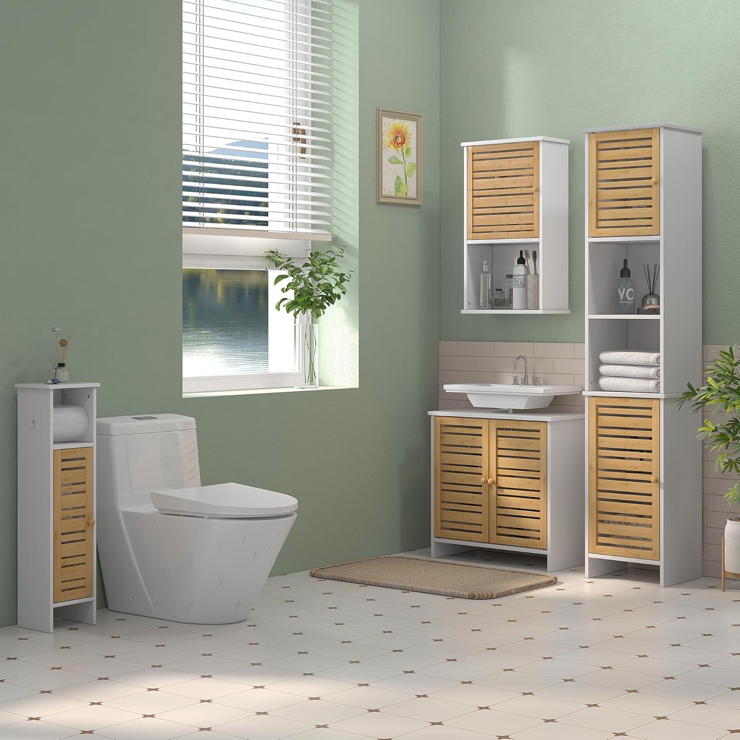 HOMCOM Waschtischunterschrank, Badezimmerschrank, 2 Türen, mit verstellbarem Regal, Aufbewahrungsschrank für Waschbecken, 60 x 30 x 60 cm, Bambus, Natur und weiß — Ansicht 2