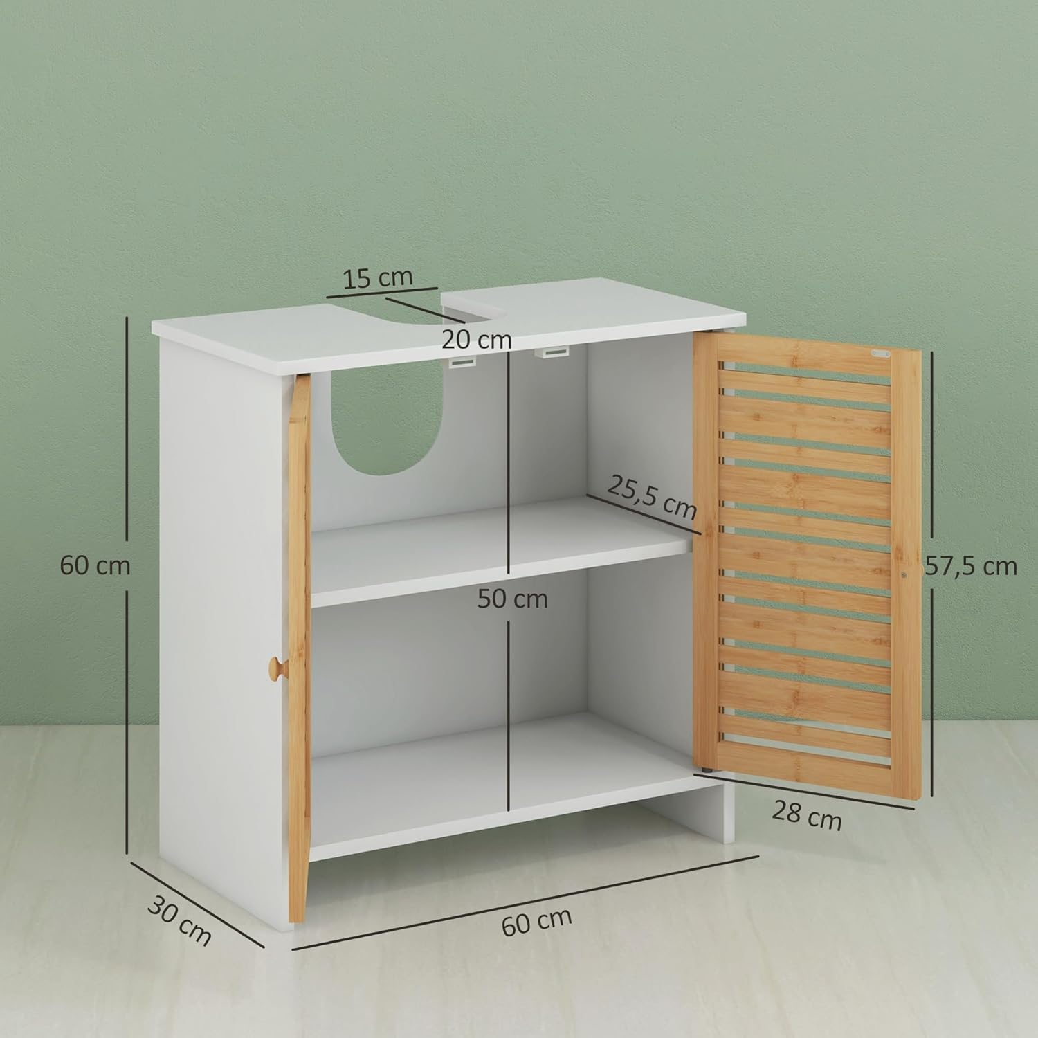HOMCOM Waschtischunterschrank, Badezimmerschrank, 2 Türen, mit verstellbarem Regal, Aufbewahrungsschrank für Waschbecken, 60 x 30 x 60 cm, Bambus, Natur und weiß — Ansicht 3