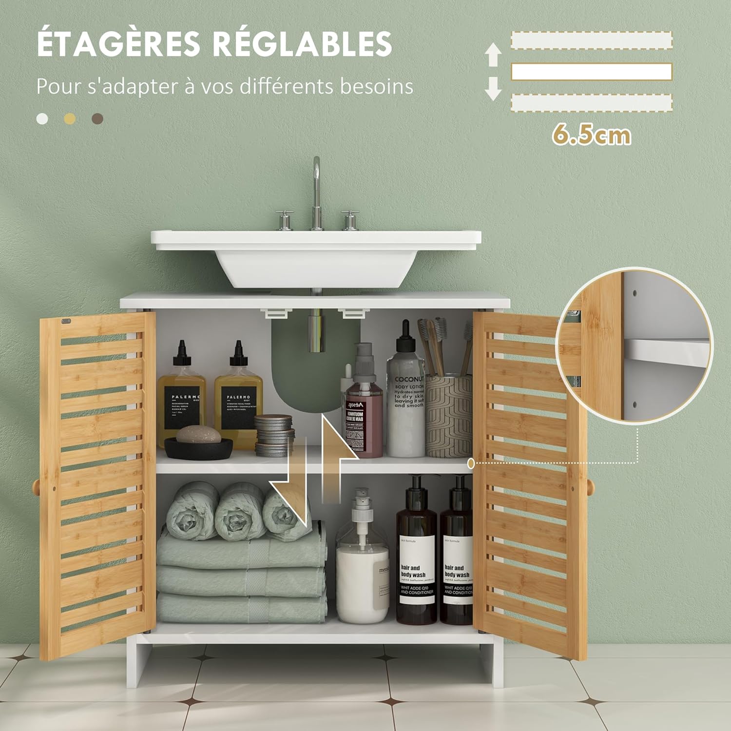 HOMCOM Waschtischunterschrank, Badezimmerschrank, 2 Türen, mit verstellbarem Regal, Aufbewahrungsschrank für Waschbecken, 60 x 30 x 60 cm, Bambus, Natur und weiß — Ansicht 5