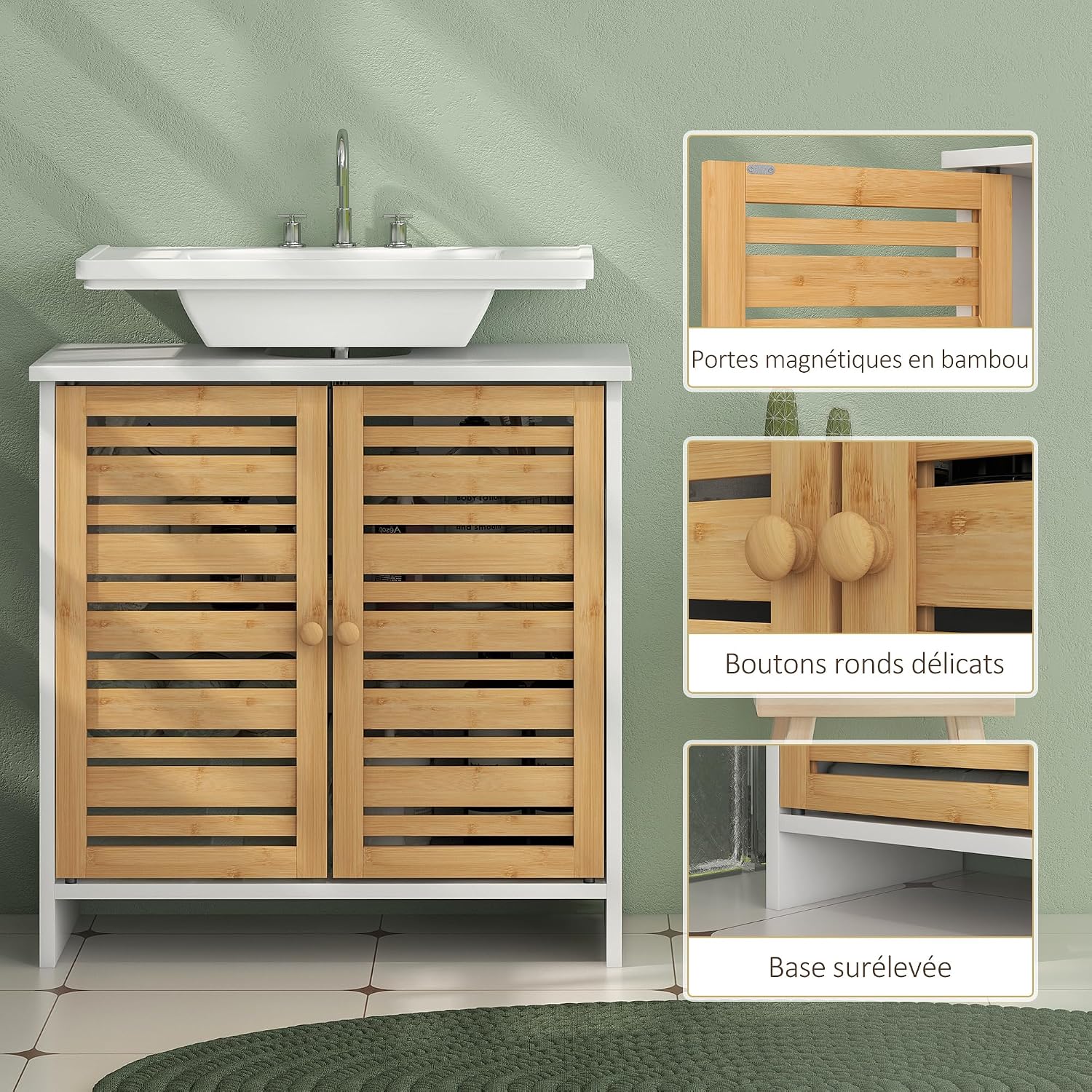 HOMCOM Waschtischunterschrank, Badezimmerschrank, 2 Türen, mit verstellbarem Regal, Aufbewahrungsschrank für Waschbecken, 60 x 30 x 60 cm, Bambus, Natur und weiß — Ansicht 6
